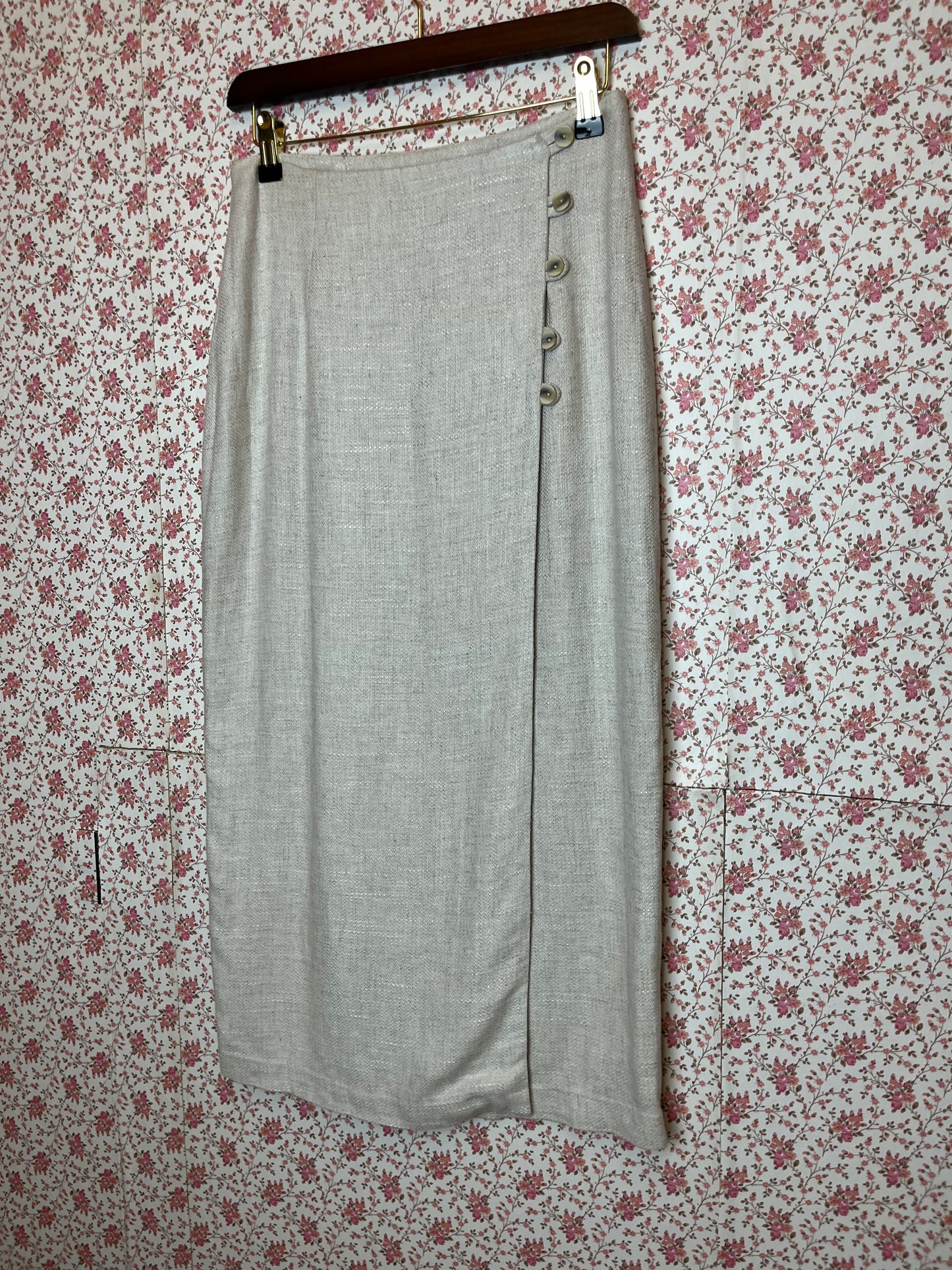 Vintage 1980s Fine Woven Wrap Midi Skirt with Buttons