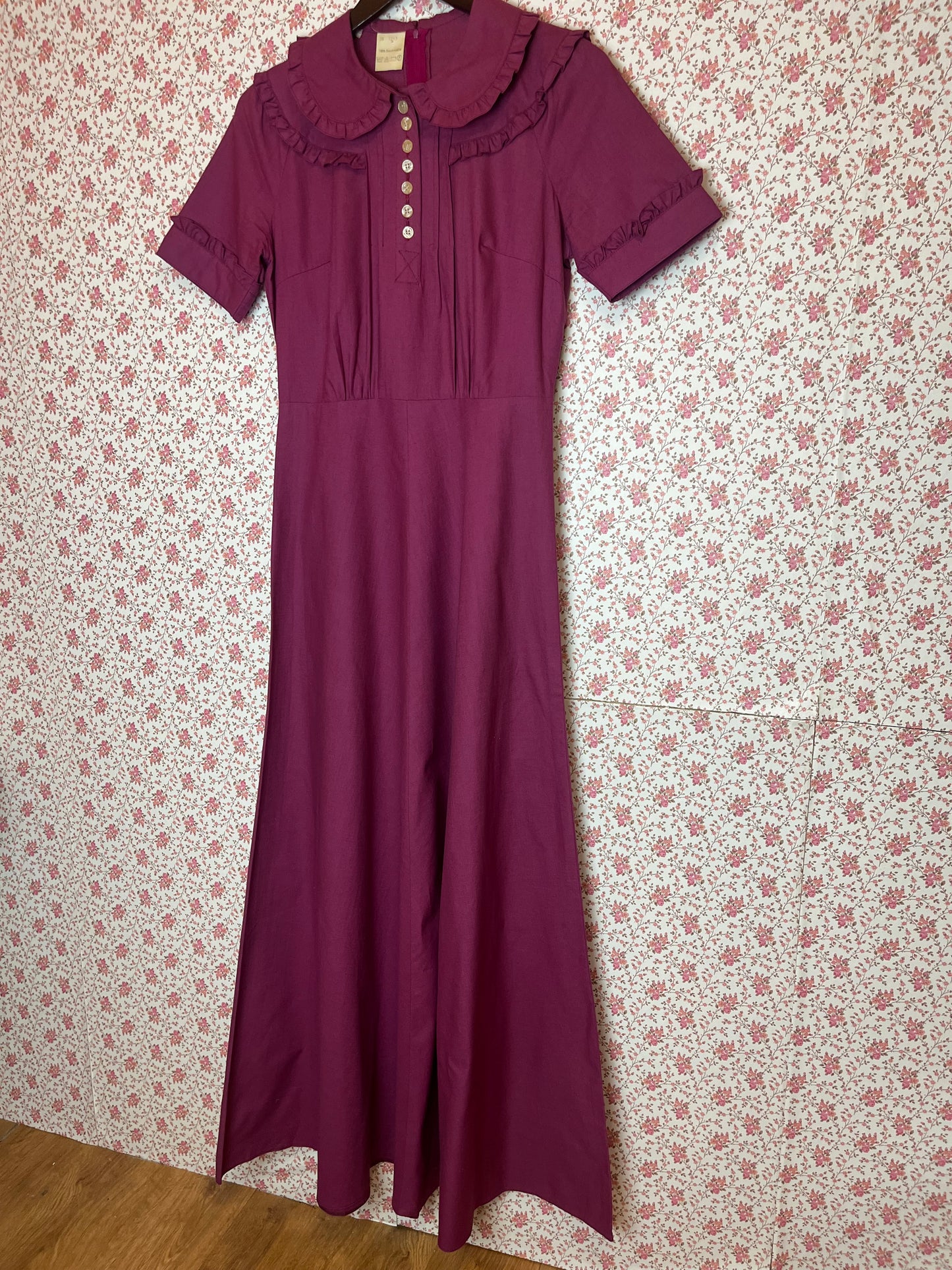 Vintage 1970s Deep Magenta Collared Prairie Dress