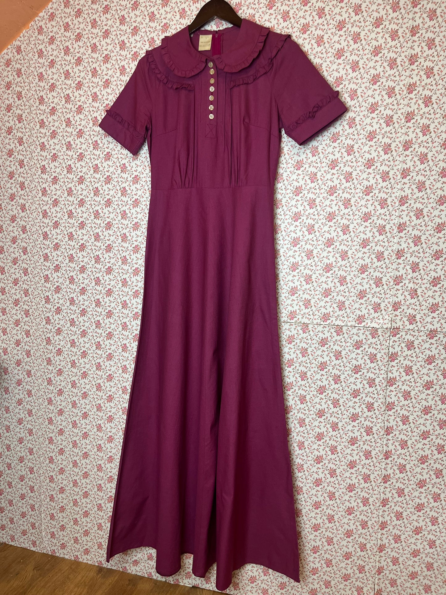Vintage 1970s Deep Magenta Collared Prairie Dress