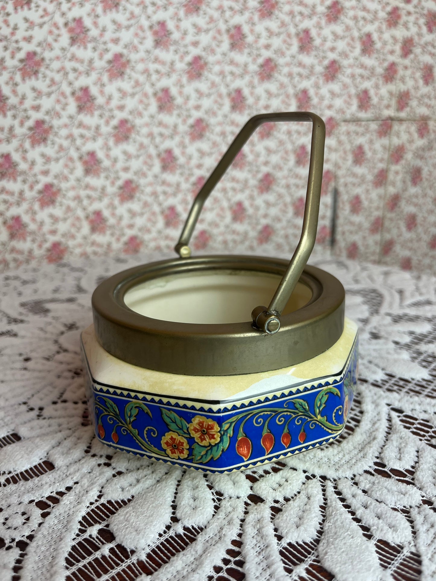 Vintage 1930s Collared Painted Pottery Dish with Handle