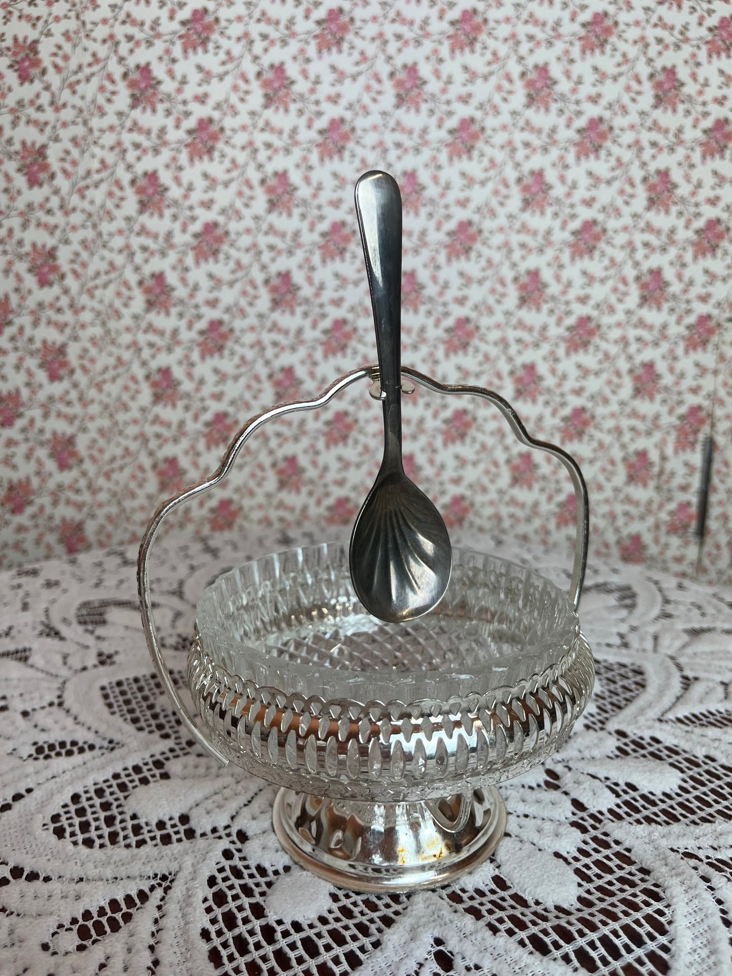 Vintage Mayell Silver Plated & Crystal Jam Dish with Spoon