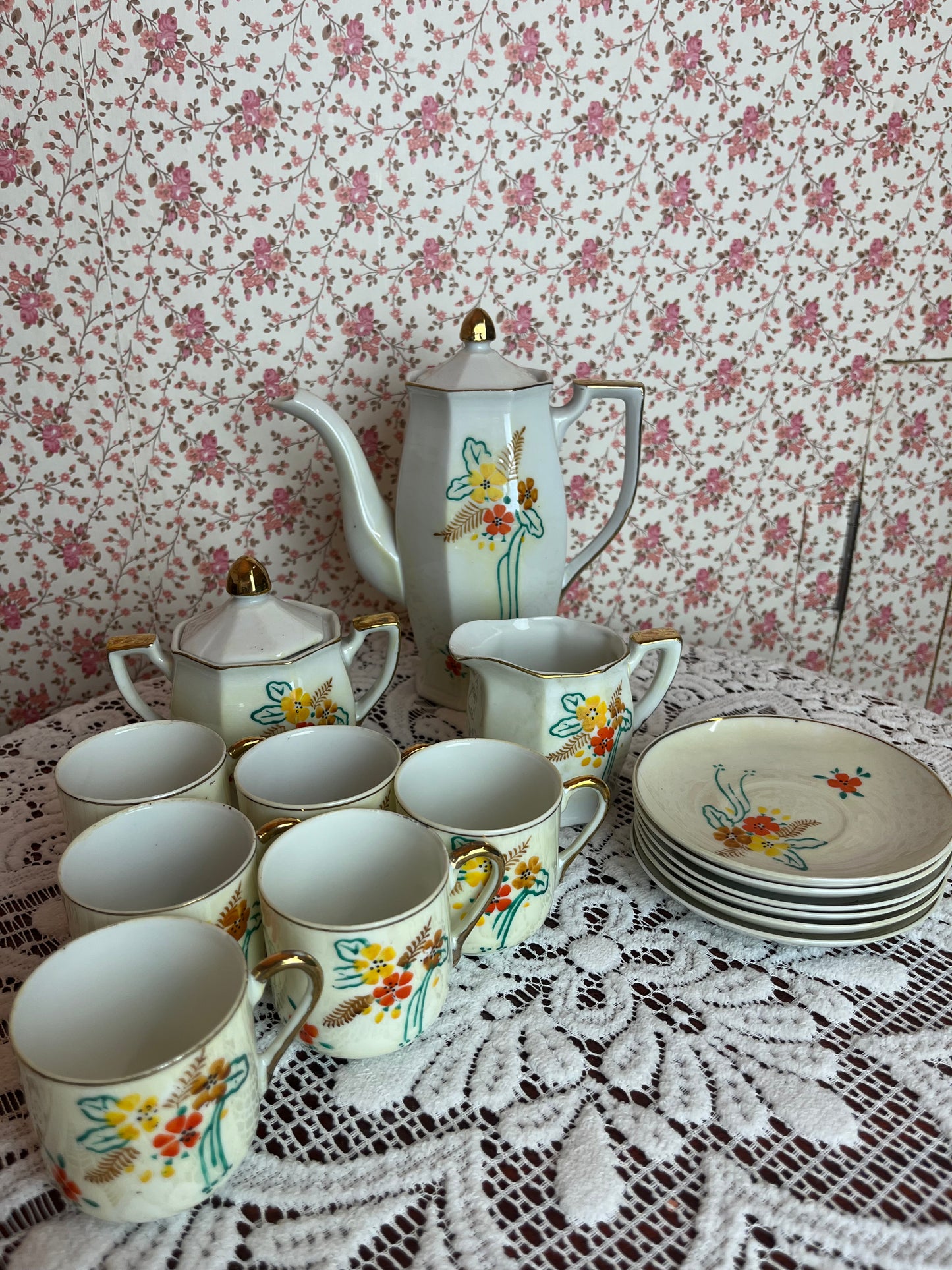 Vintage Hand Painted Miniature Ceramic Tea Pot Cup & Saucer Set of 15