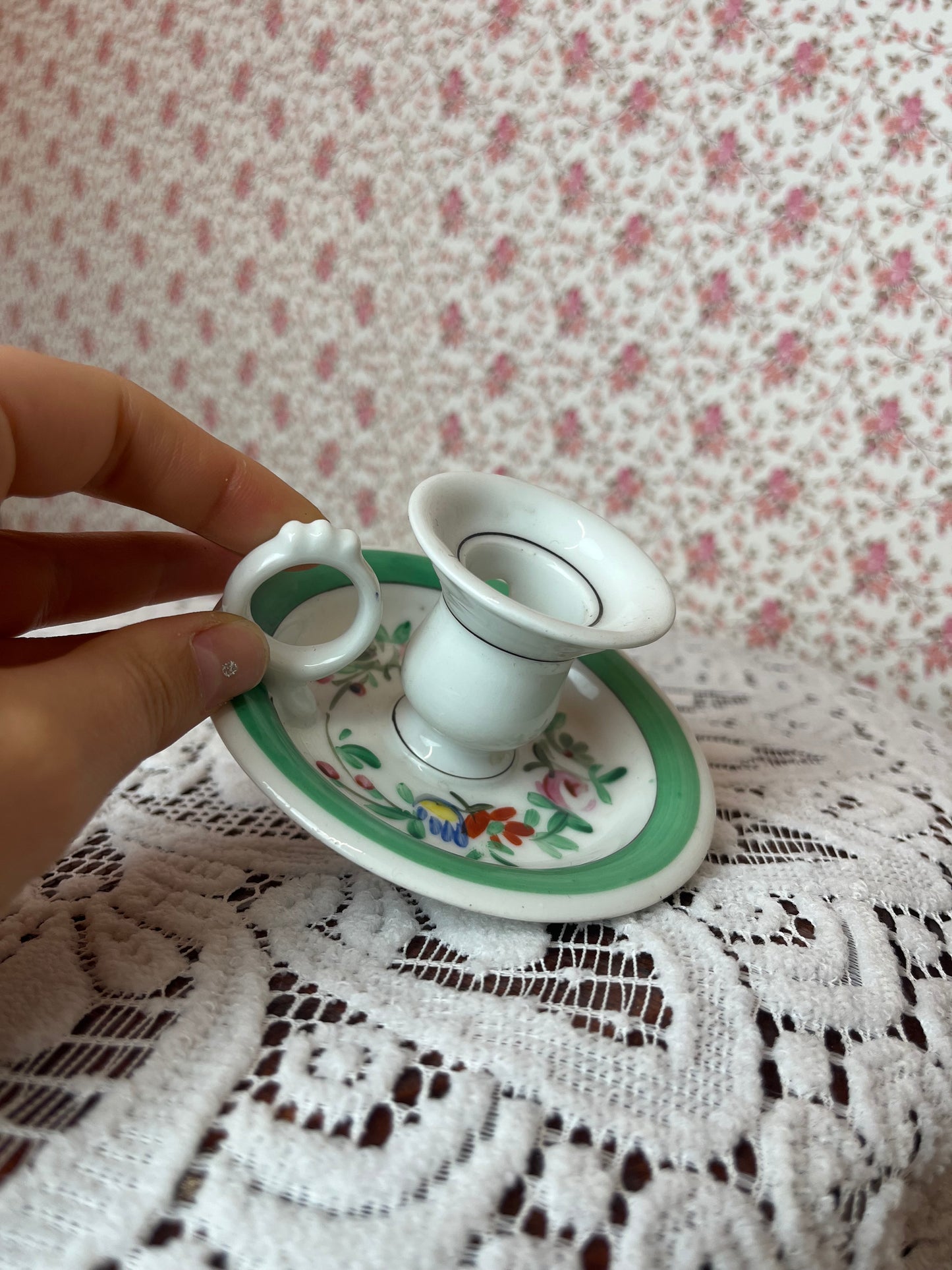Vintage Hand Painted Porcelain Chamberstick Candle Holder