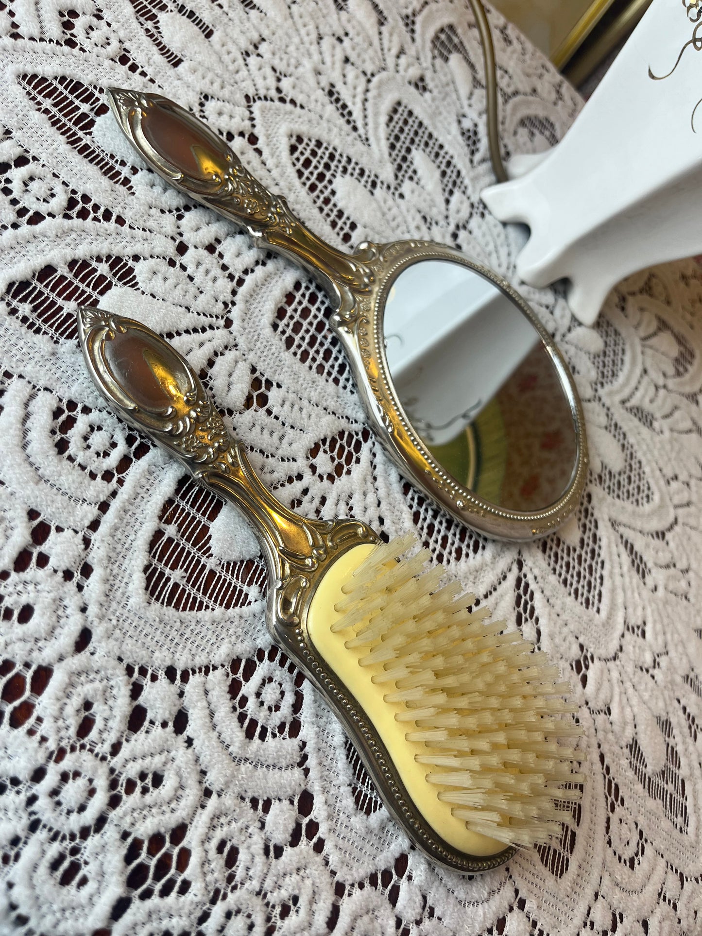 Vintage Antique Style Silver Mirror and Brush Vanity Set