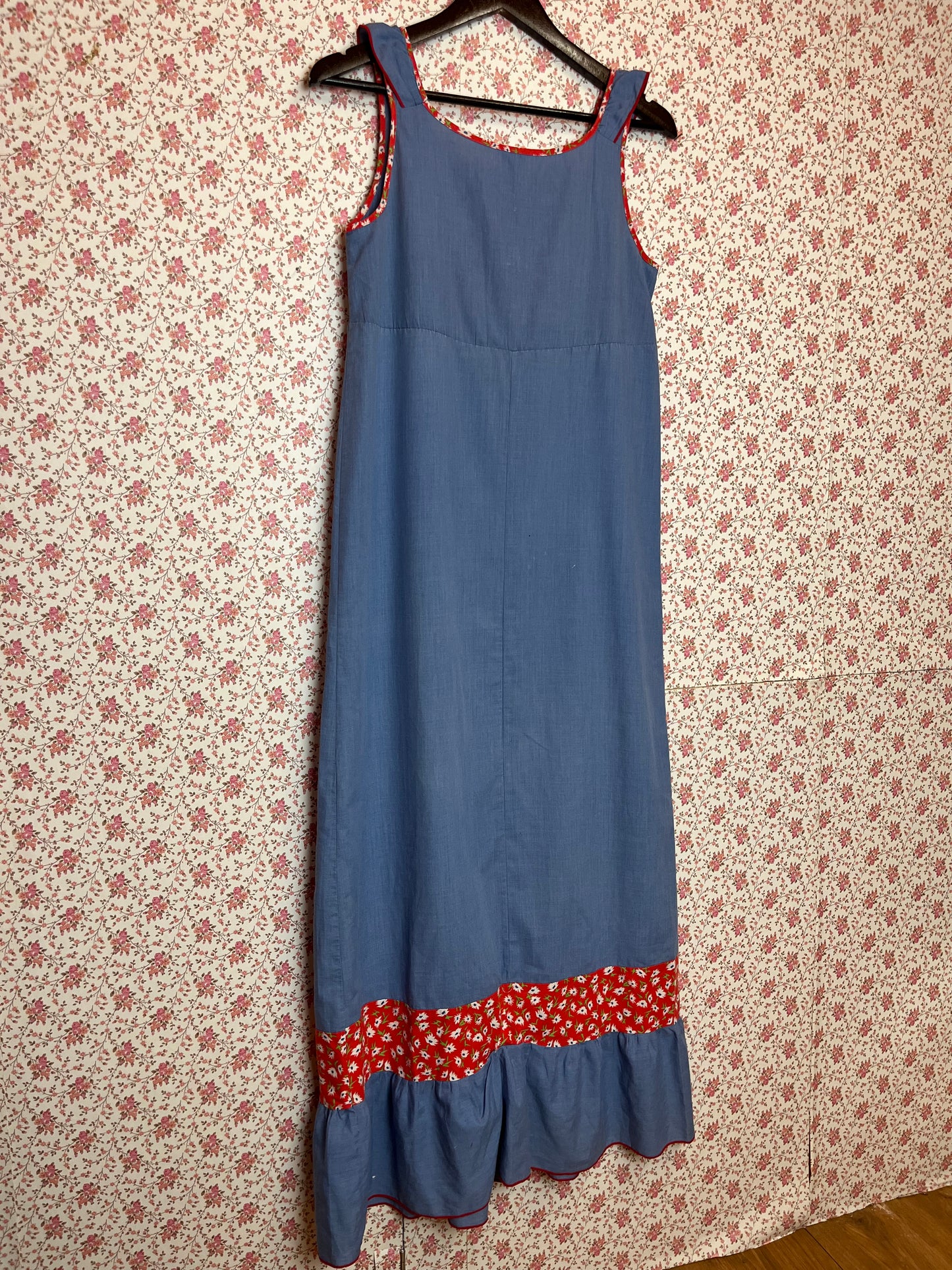 Vintage 1970s Denim Effect Sleeveless Maxi Prairie Dress
