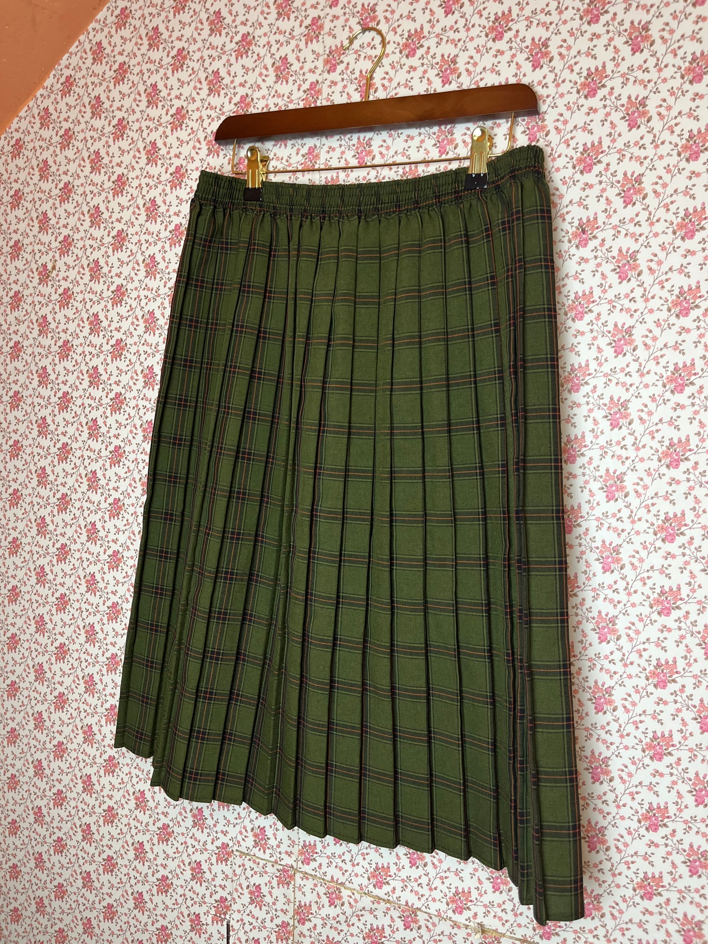 Vintage 1970s Green Checked Pleated Midi Skirt