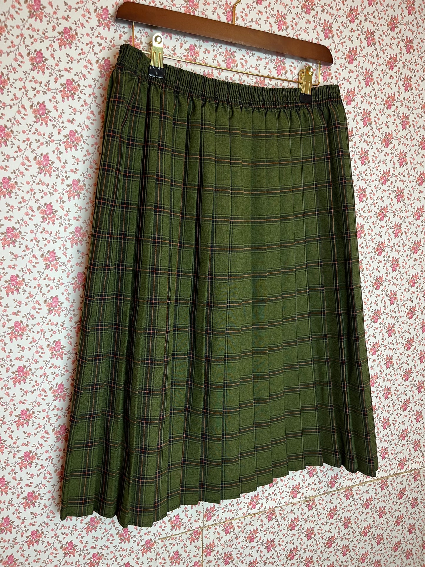 Vintage 1970s Green Checked Pleated Midi Skirt