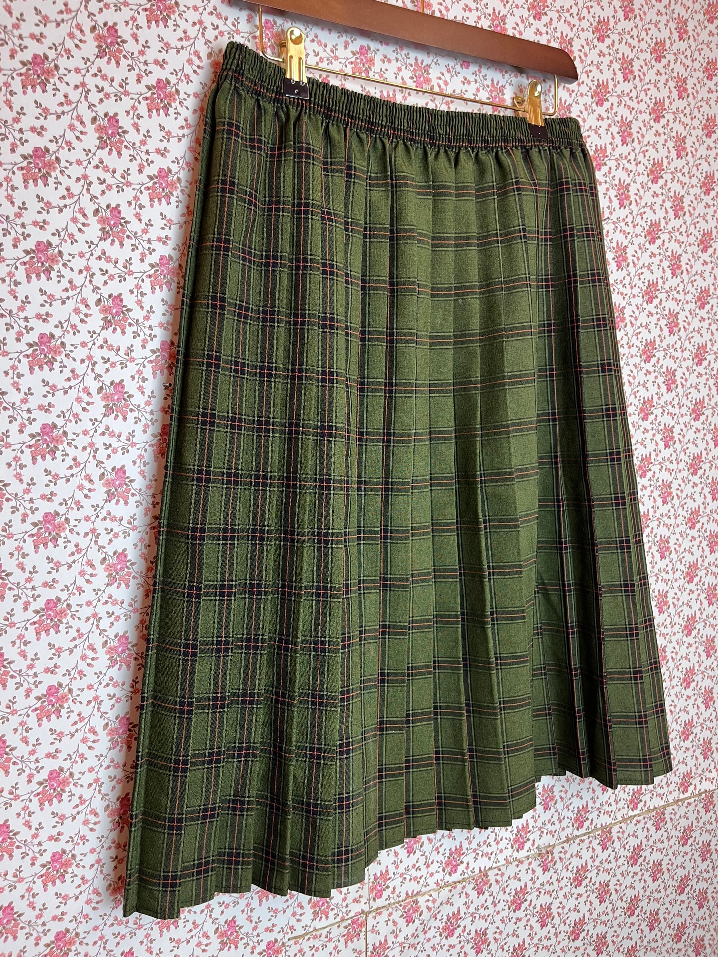 Vintage 1970s Green Checked Pleated Midi Skirt