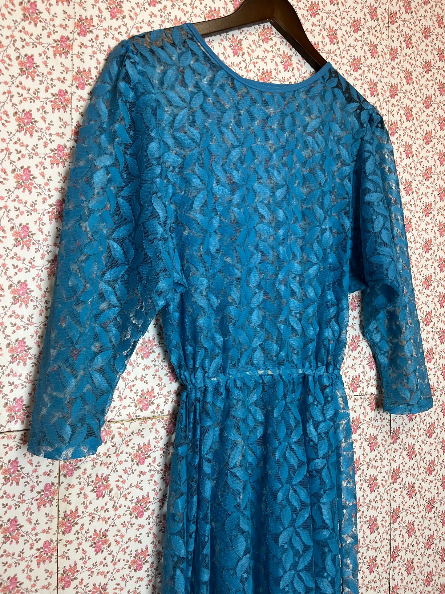 Vintage 1960s Full Blue Lace Batwing Over Dress