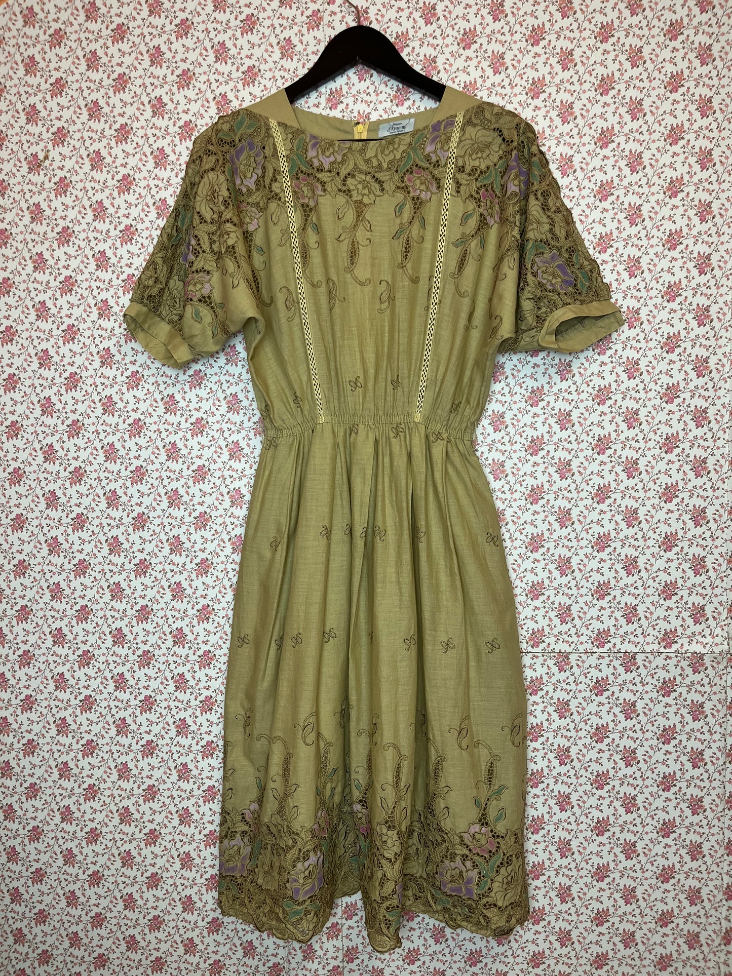 Vintage 1970s Cotton Broderie Anglaise Painted Tea Dress