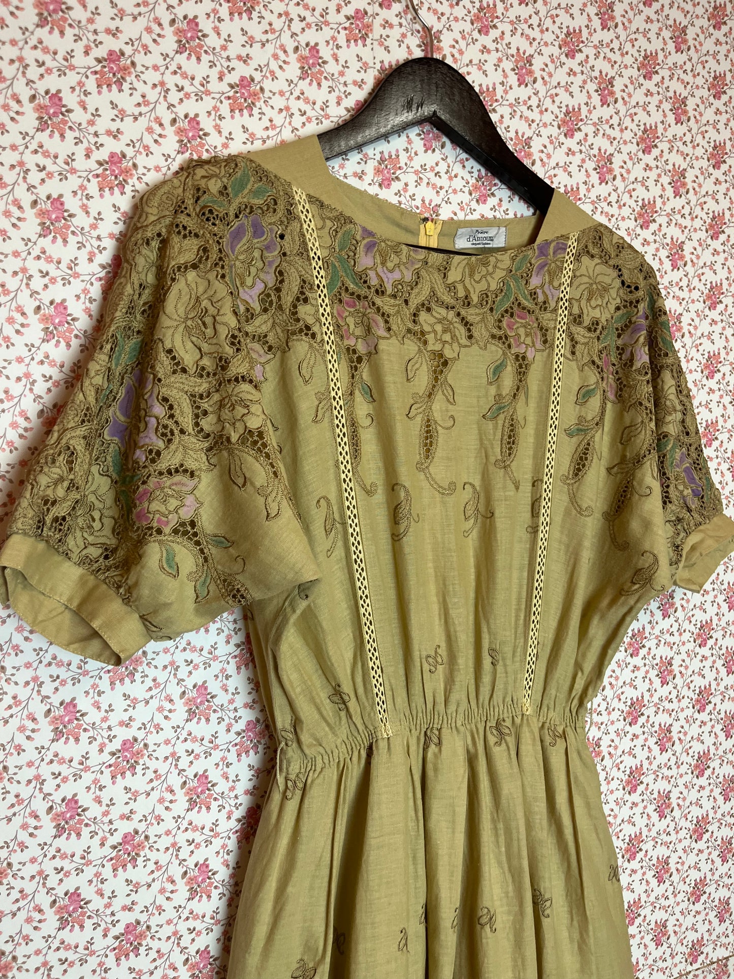 Vintage 1970s Cotton Broderie Anglaise Painted Tea Dress