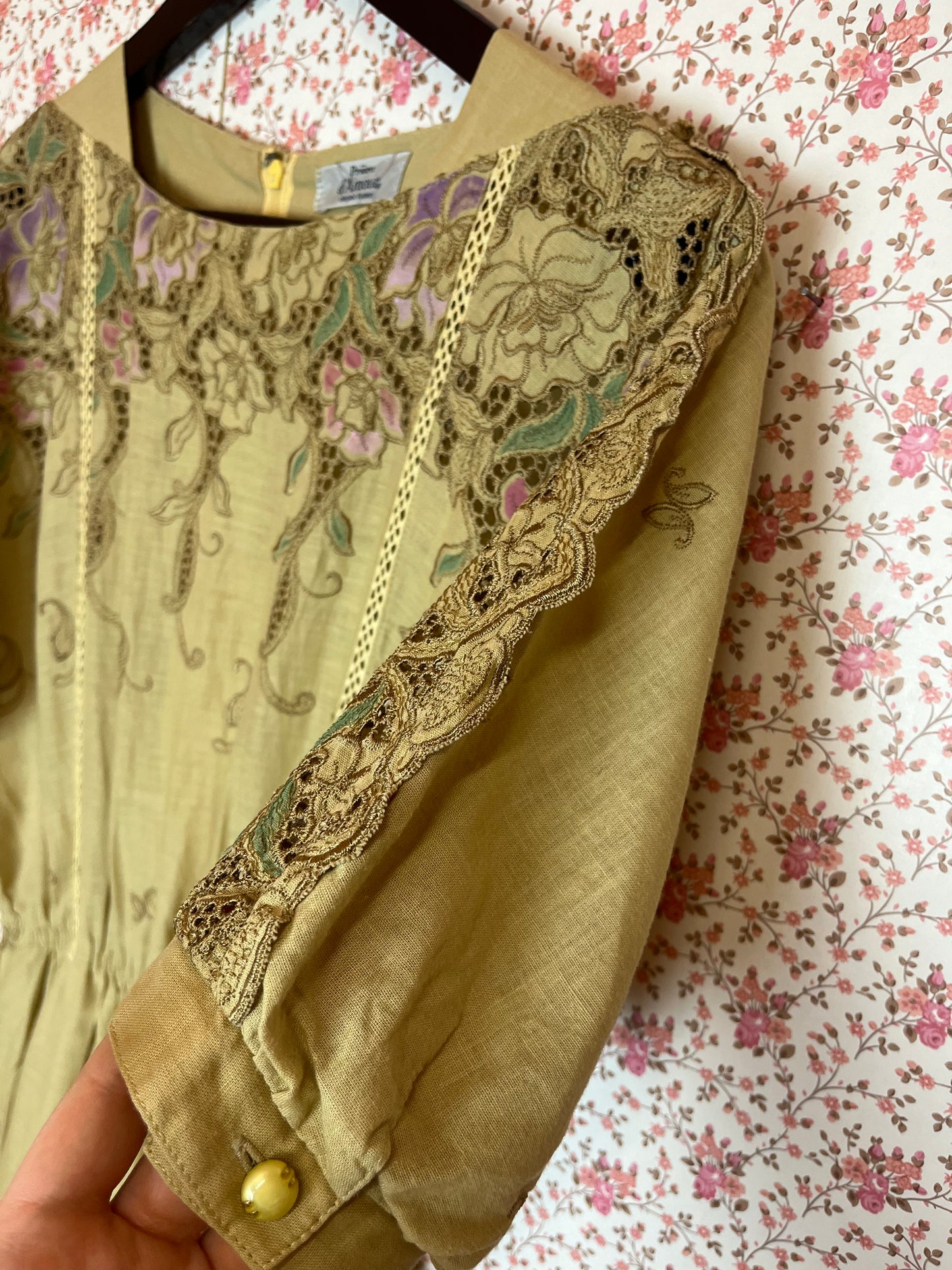 Vintage 1970s Cotton Broderie Anglaise Painted Tea Dress