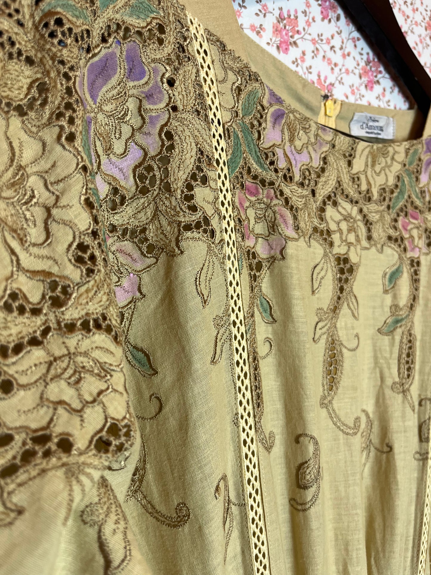 Vintage 1970s Cotton Broderie Anglaise Painted Tea Dress