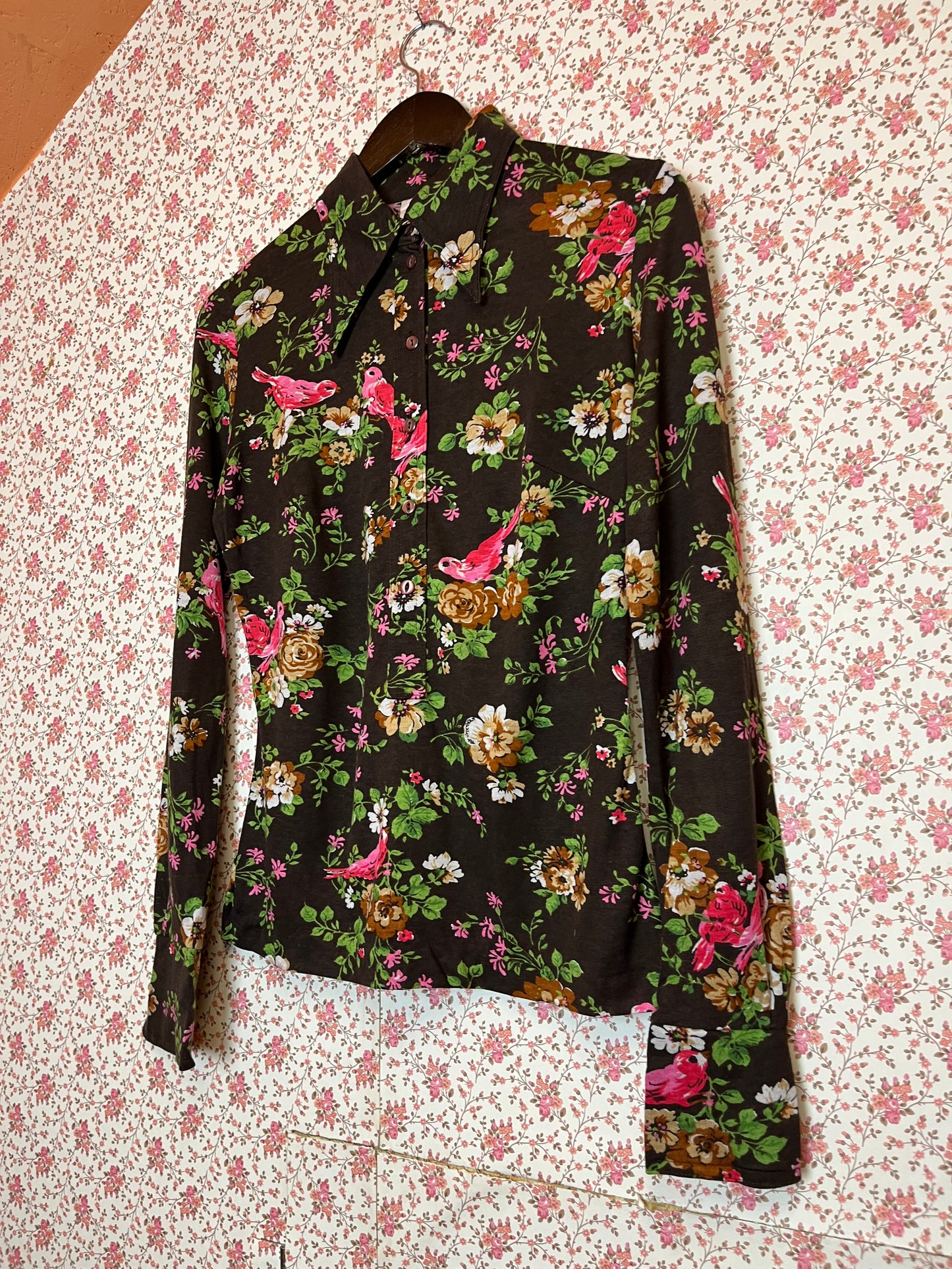 Vintage 1970s Floral & Bird Print Popover Shirt