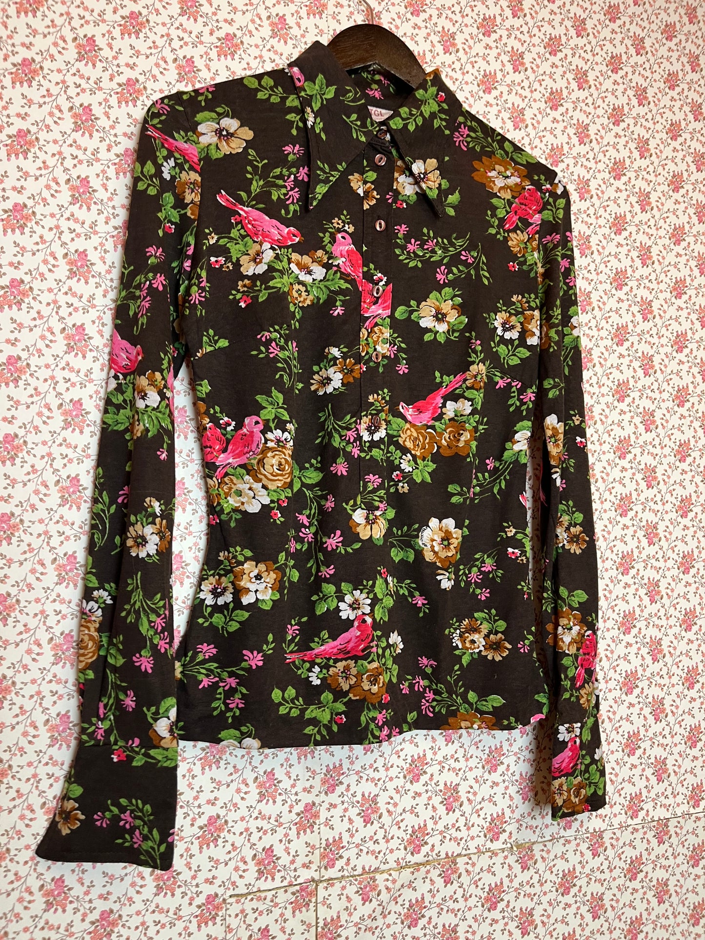 Vintage 1970s Floral & Bird Print Popover Shirt