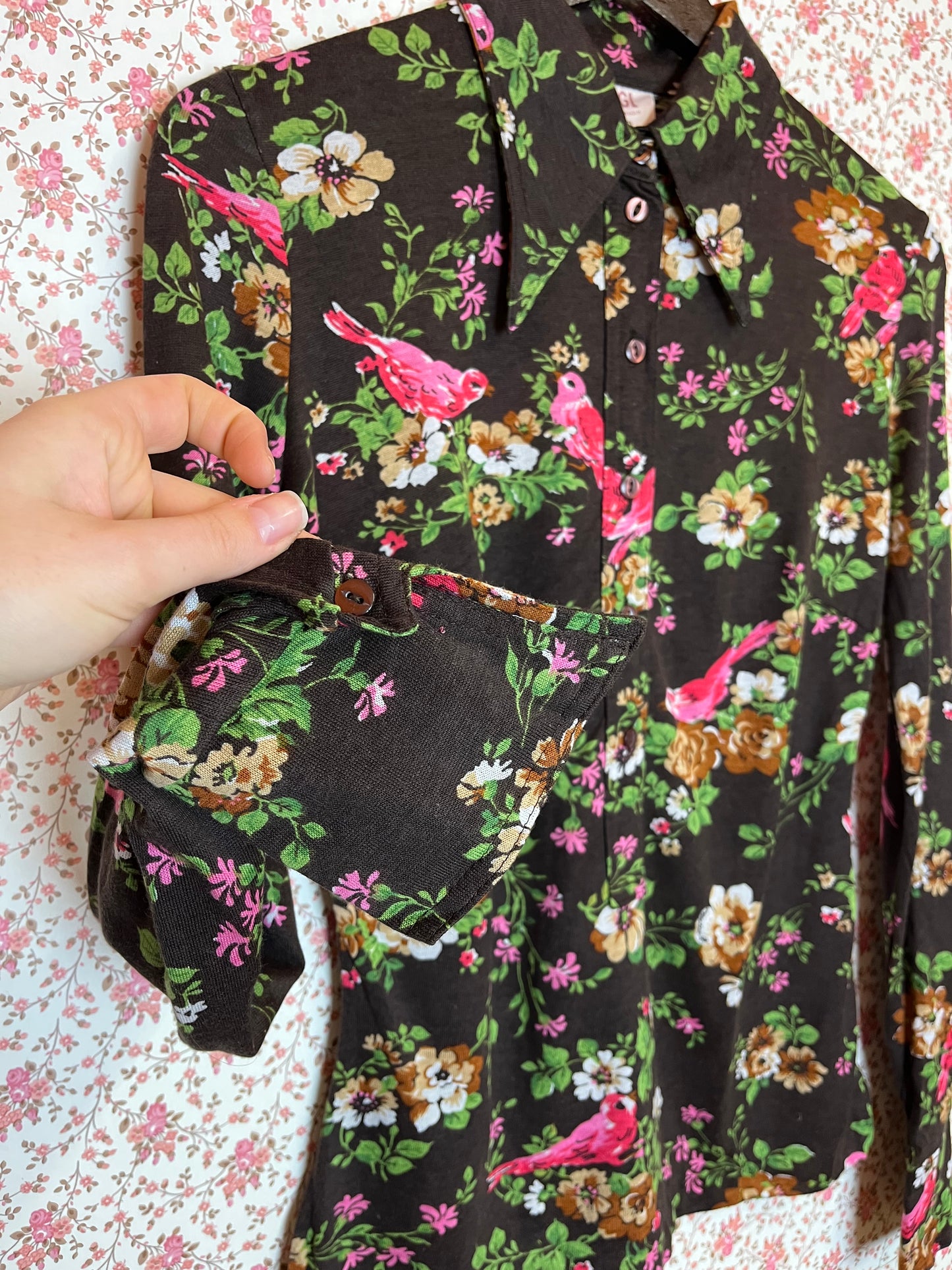 Vintage 1970s Floral & Bird Print Popover Shirt