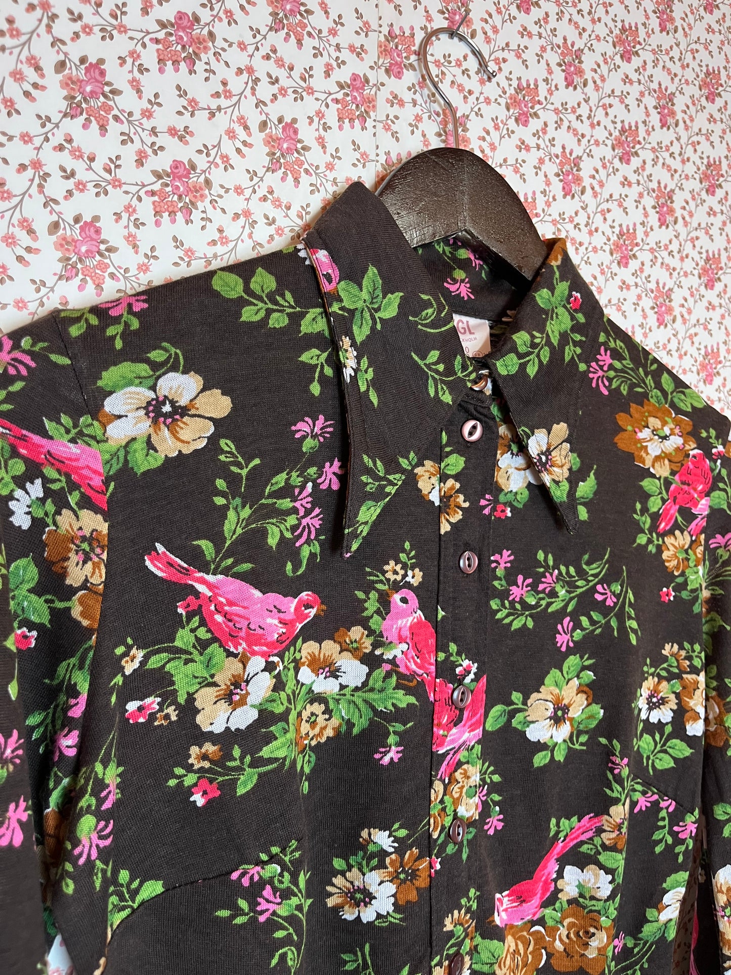 Vintage 1970s Floral & Bird Print Popover Shirt