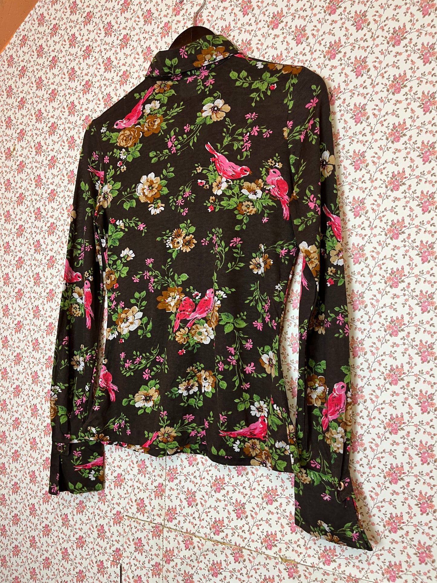 Vintage 1970s Floral & Bird Print Popover Shirt