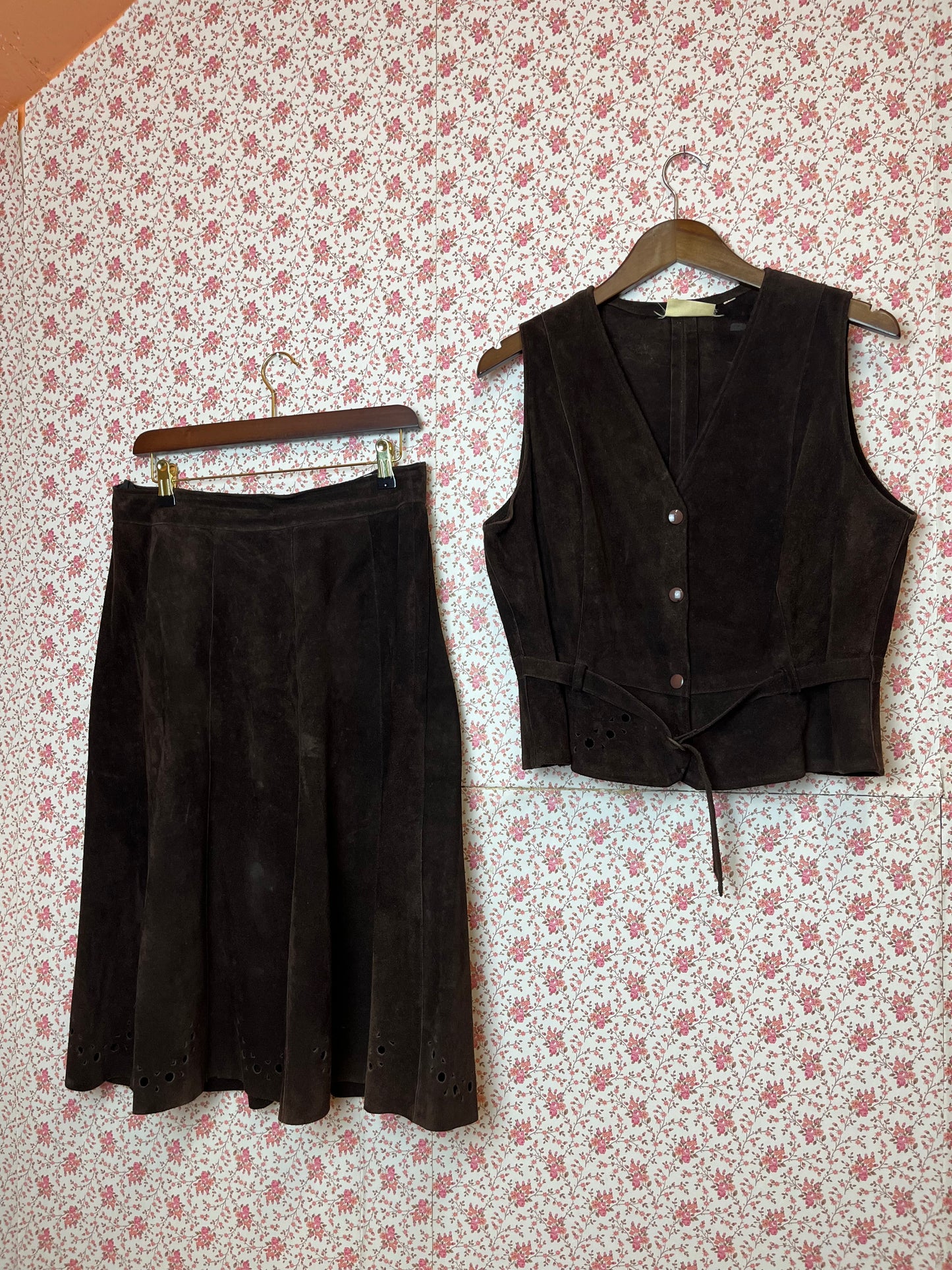 Vintage 1970s Full Brown Suede Waistcoat & Skirt Set