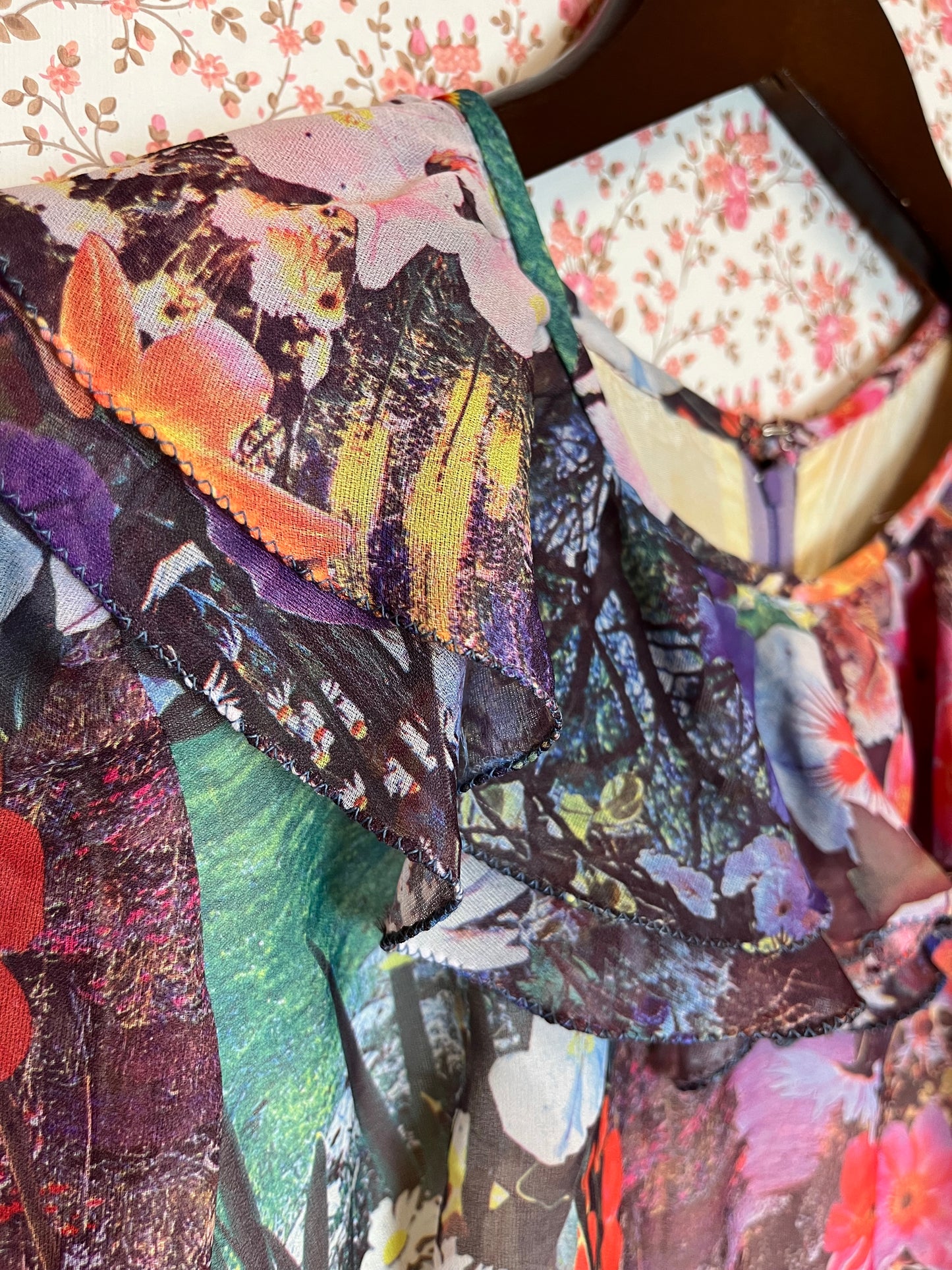 Vintage 1970s Hand Made Photographic Floral Print Frilled Maxi Dress