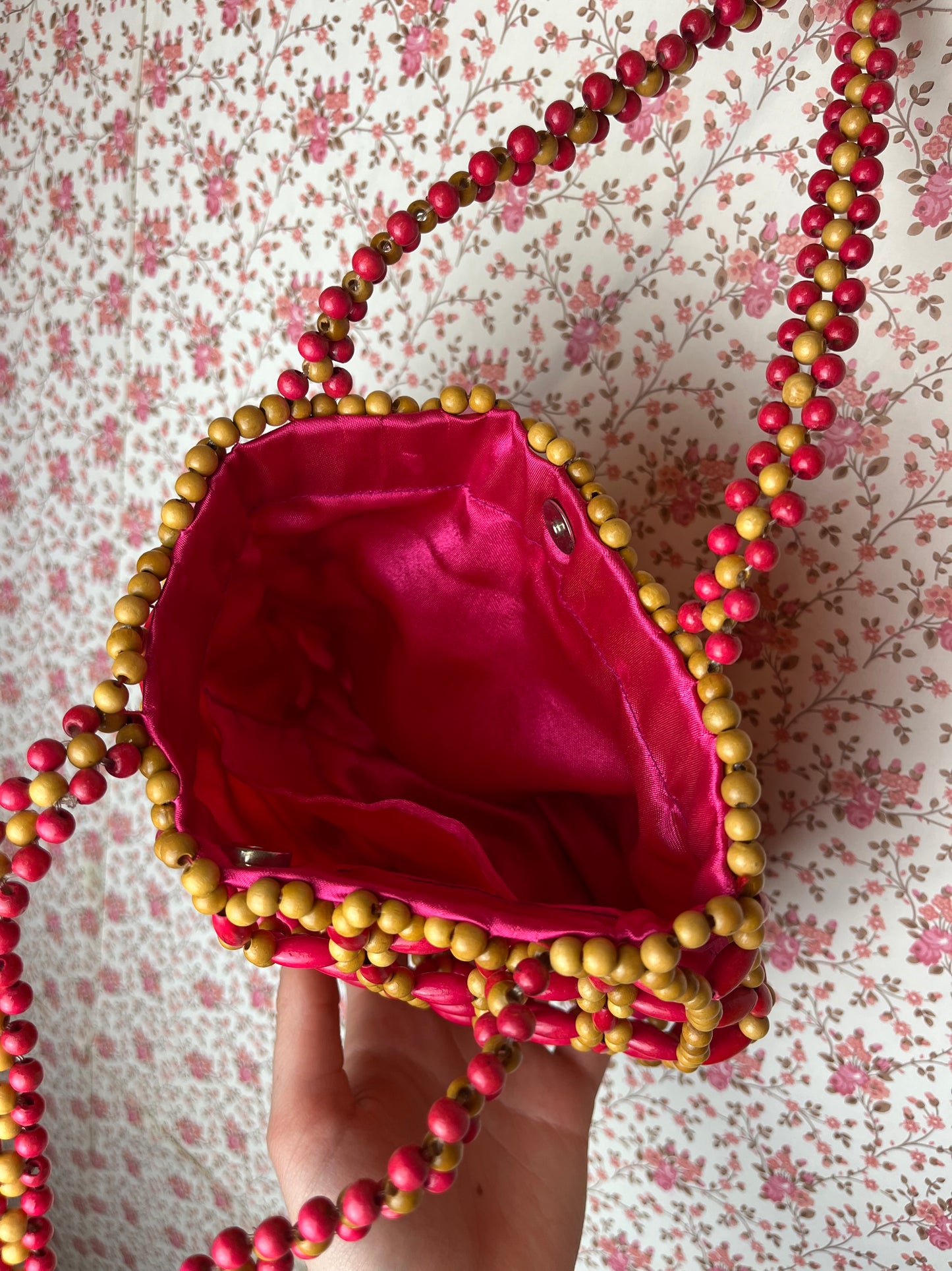 Vintage Wooden Beaded Hot Pink Hand Bag