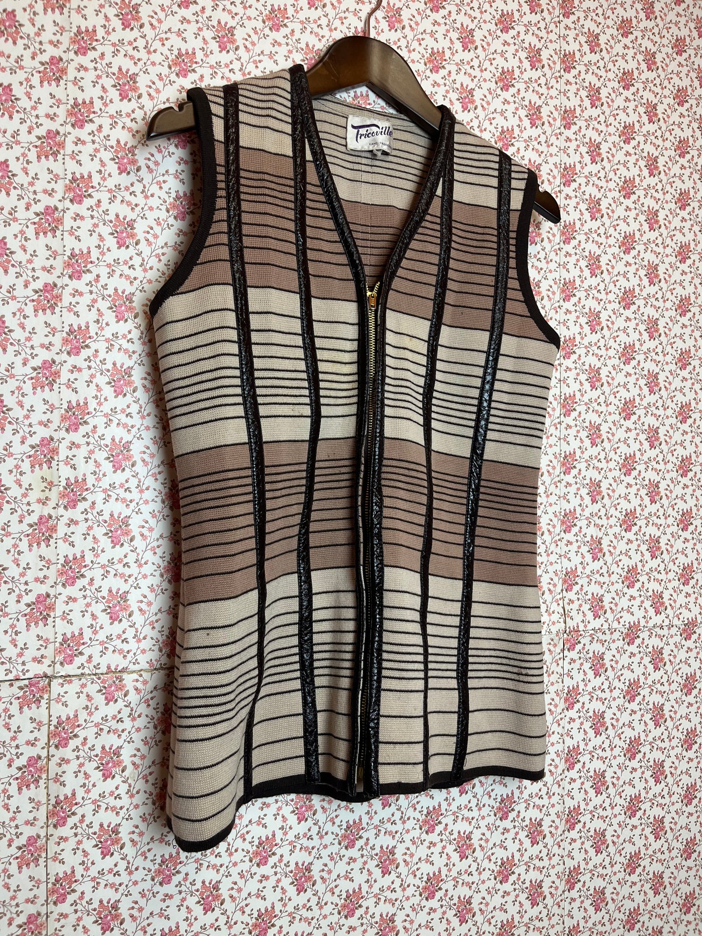 Vintage 1960s Hand Made Ribbed Striped Beige & Brown Waistcoat with Leather