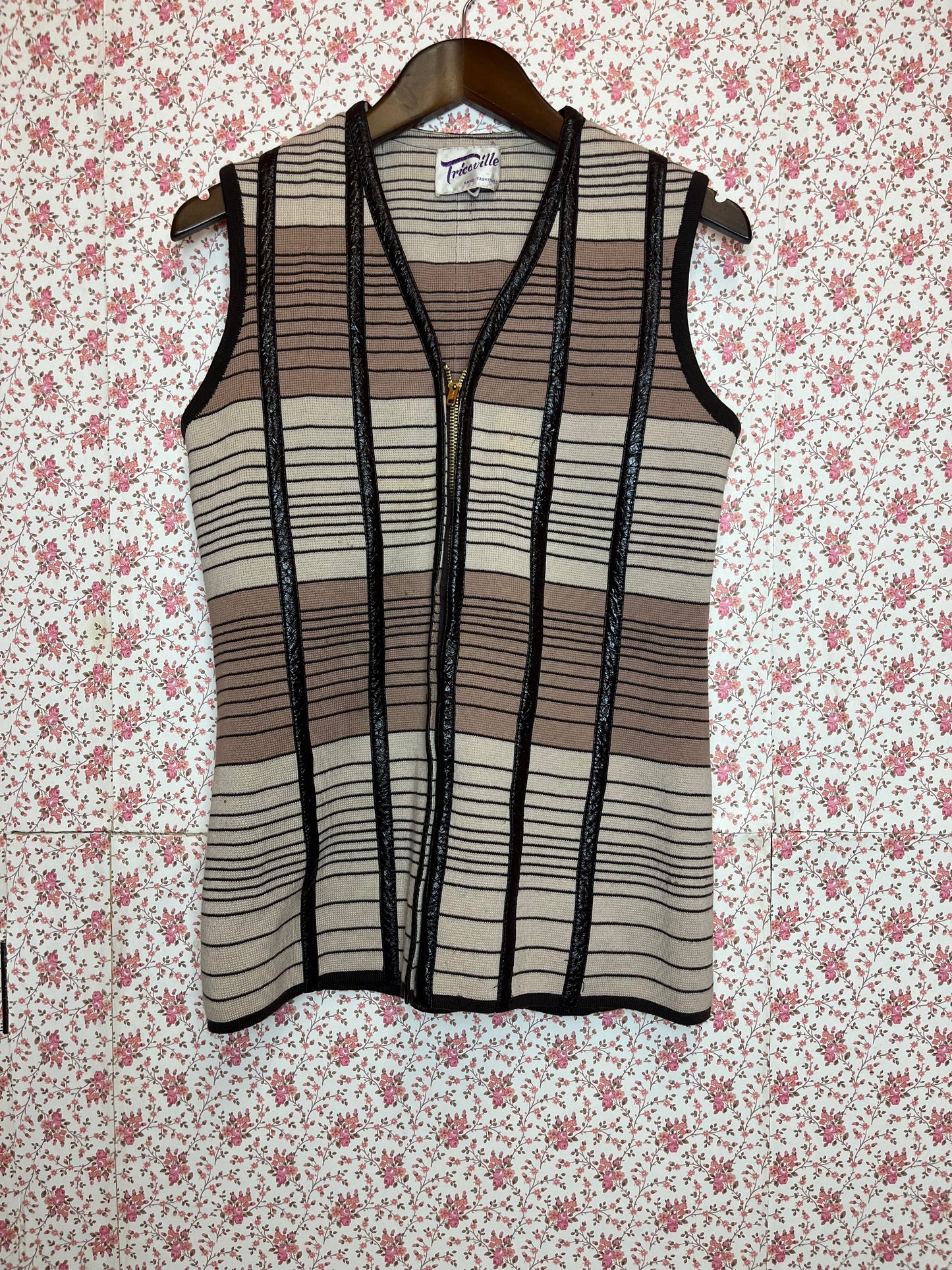 Vintage 1960s Hand Made Ribbed Striped Beige & Brown Waistcoat with Leather