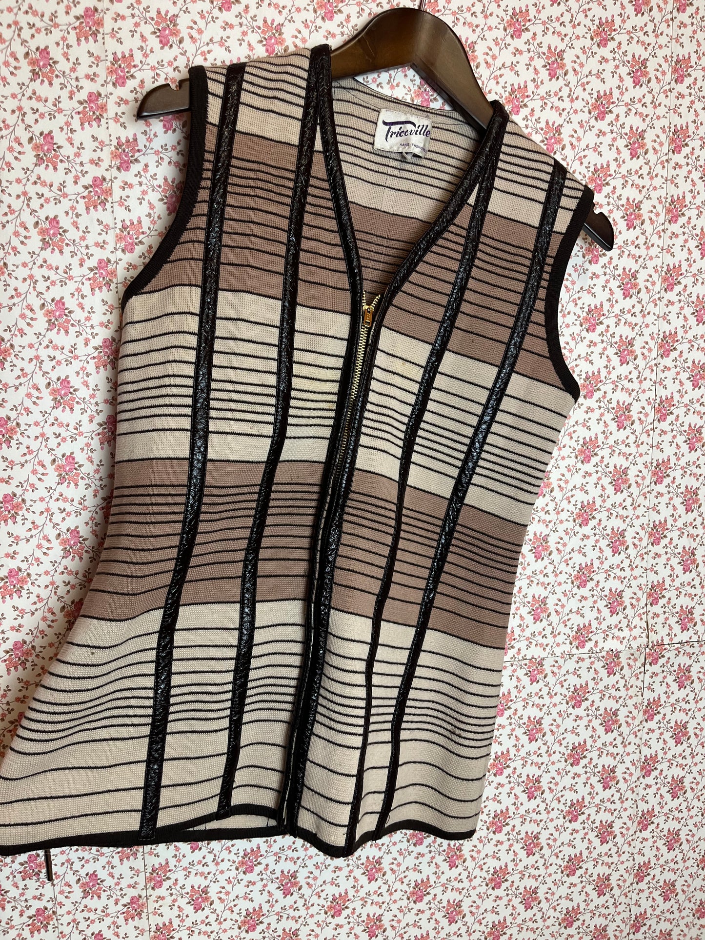 Vintage 1960s Hand Made Ribbed Striped Beige & Brown Waistcoat with Leather