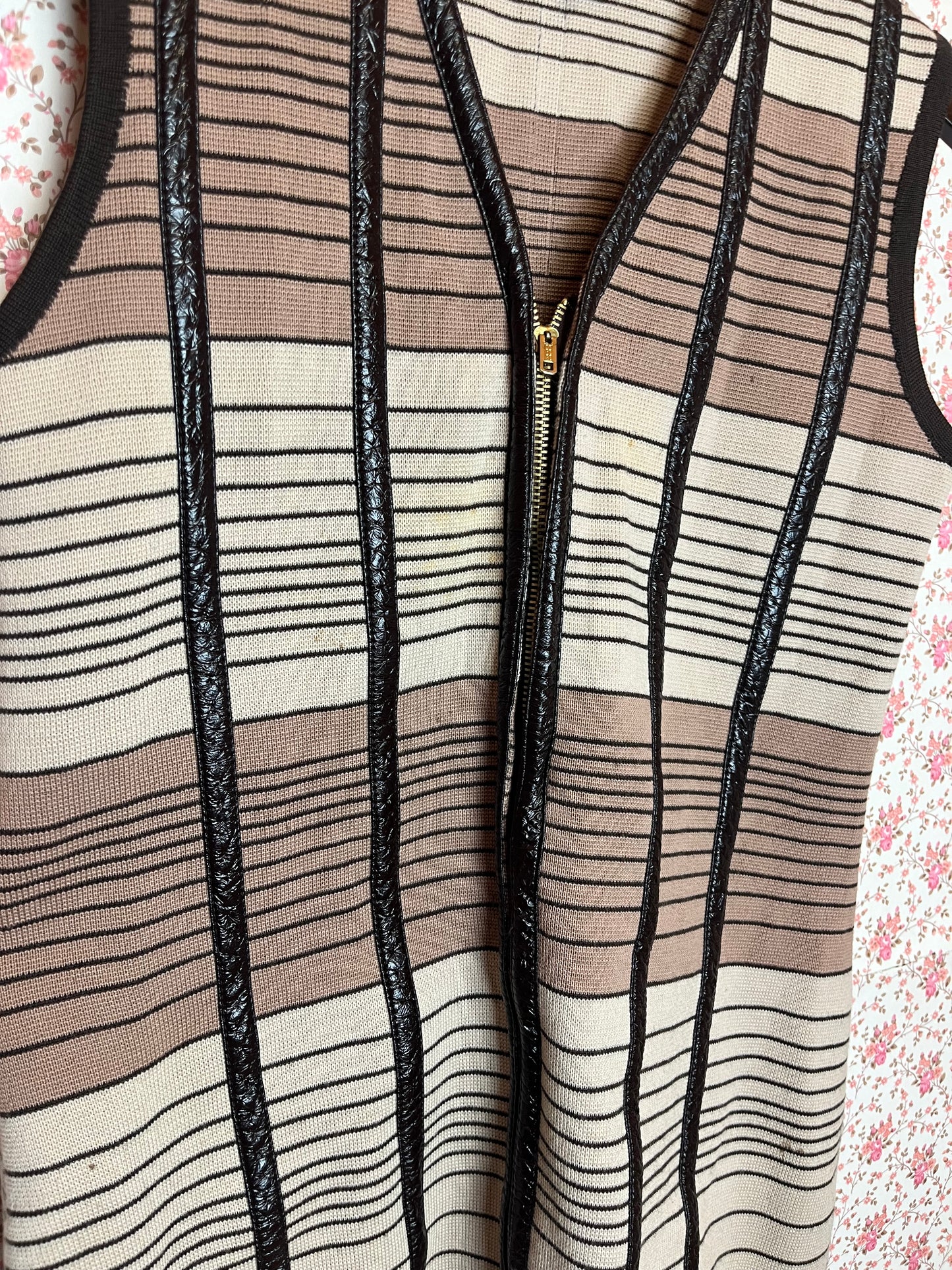 Vintage 1960s Hand Made Ribbed Striped Beige & Brown Waistcoat with Leather