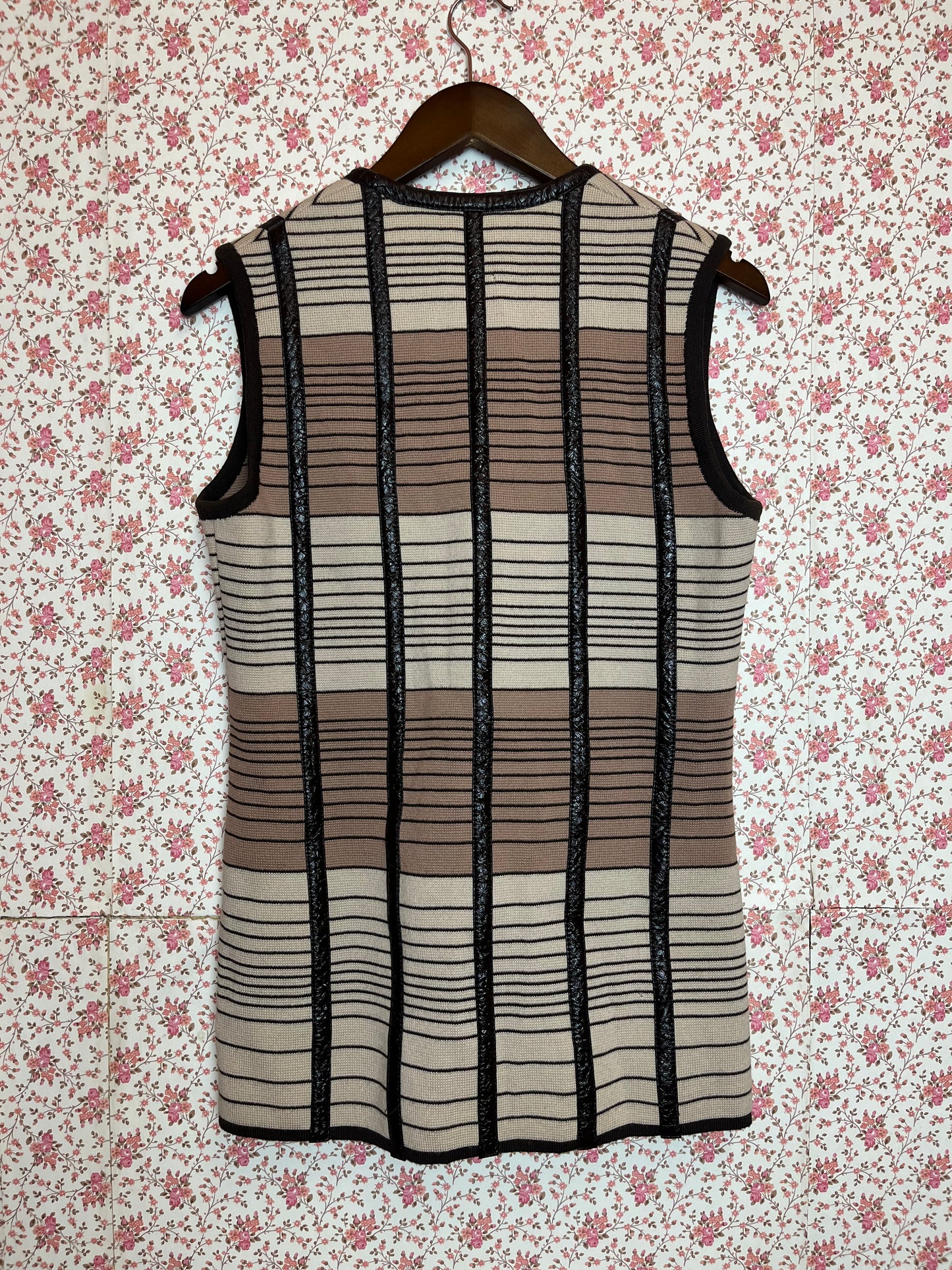 Vintage 1960s Hand Made Ribbed Striped Beige & Brown Waistcoat with Leather
