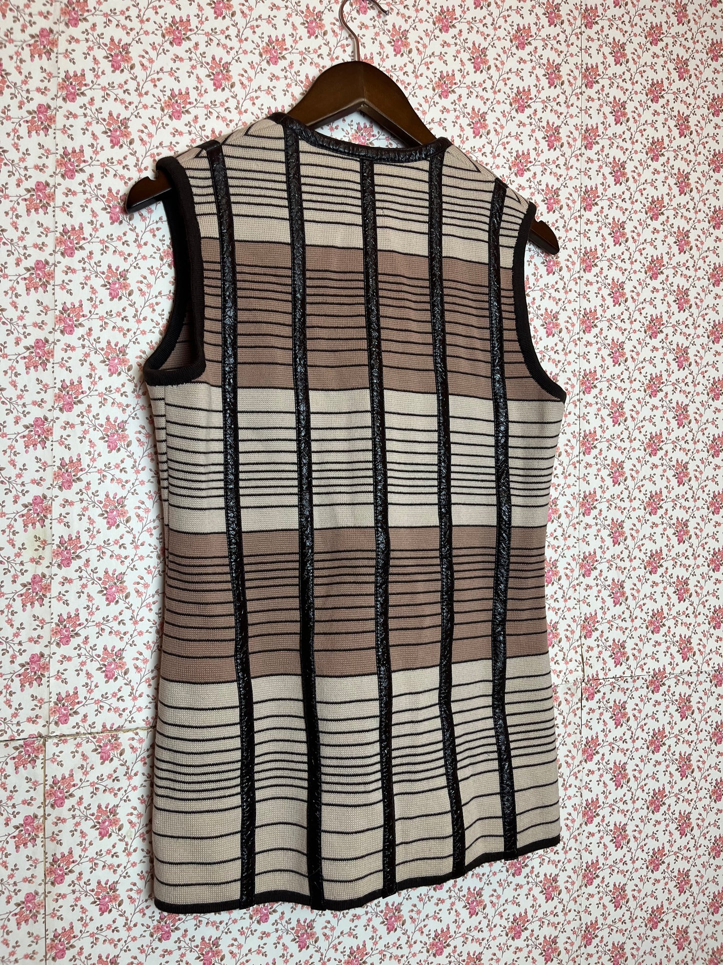 Vintage 1960s Hand Made Ribbed Striped Beige & Brown Waistcoat with Leather