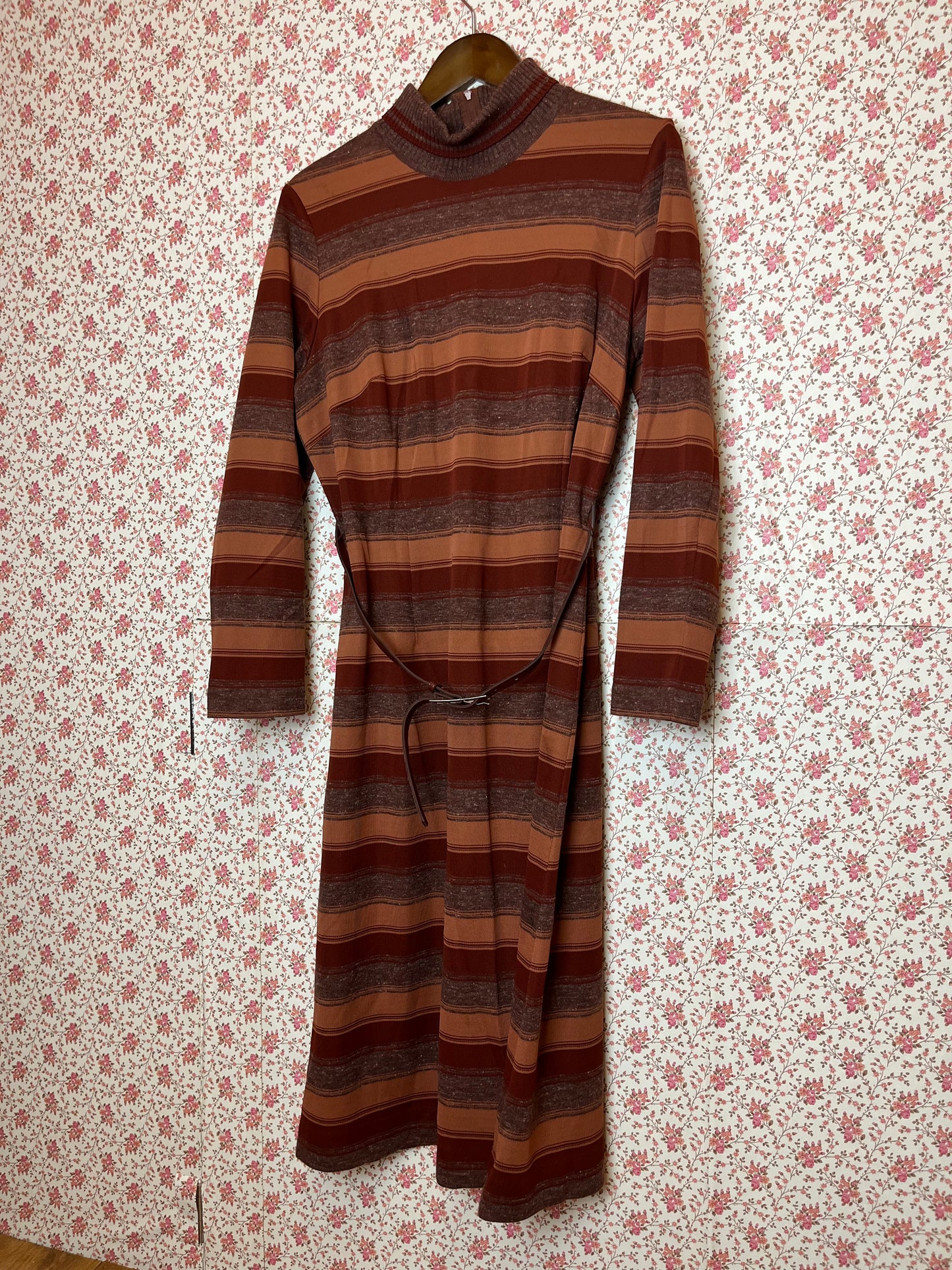 Vintage 1970s Brown Mahogany Striped Turtleneck Midi Dress