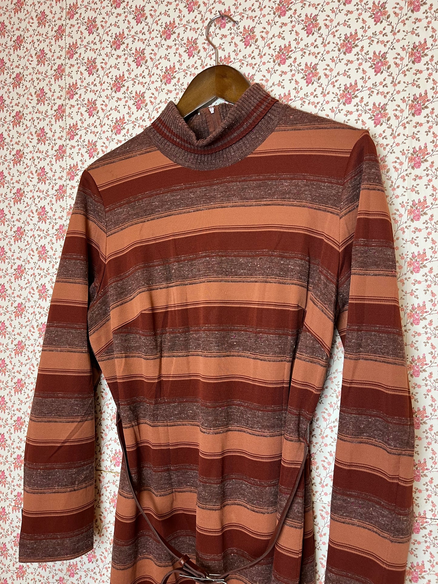 Vintage 1970s Brown Mahogany Striped Turtleneck Midi Dress