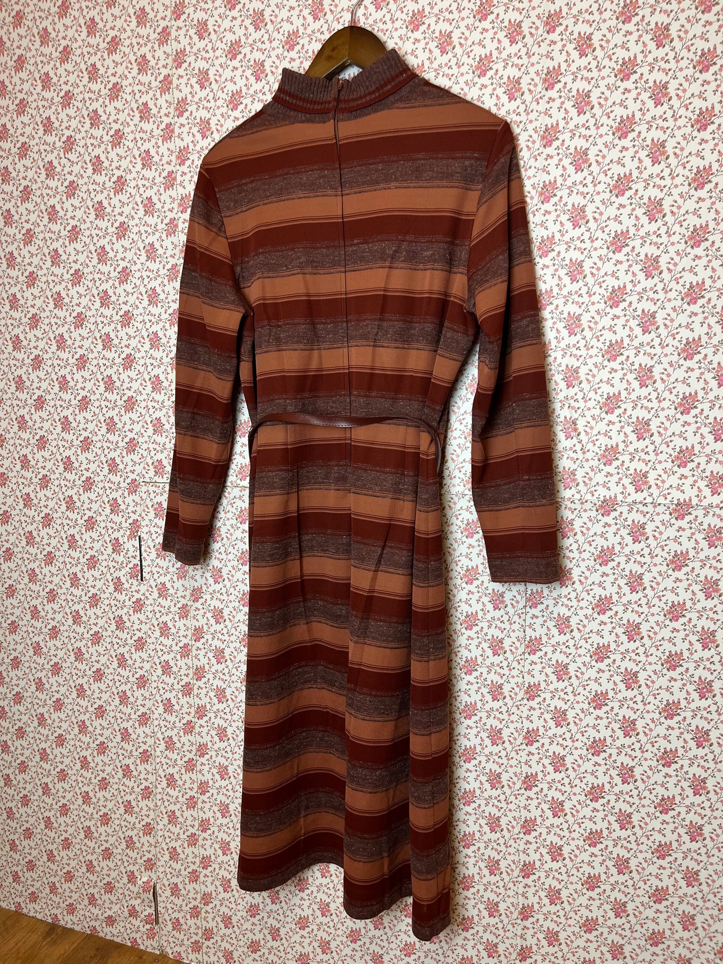 Vintage 1970s Brown Mahogany Striped Turtleneck Midi Dress