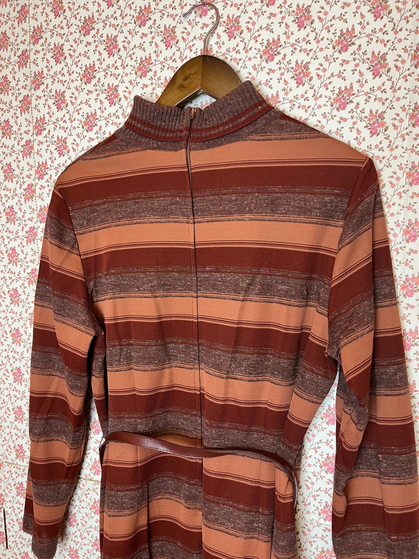 Vintage 1970s Brown Mahogany Striped Turtleneck Midi Dress