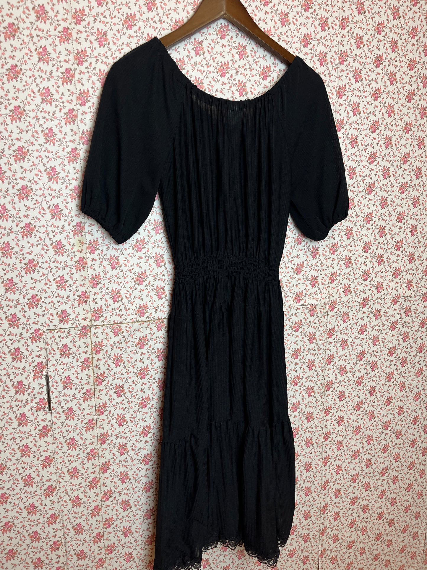 Vintage 1970s Black Tiered Bardot Midi Dress