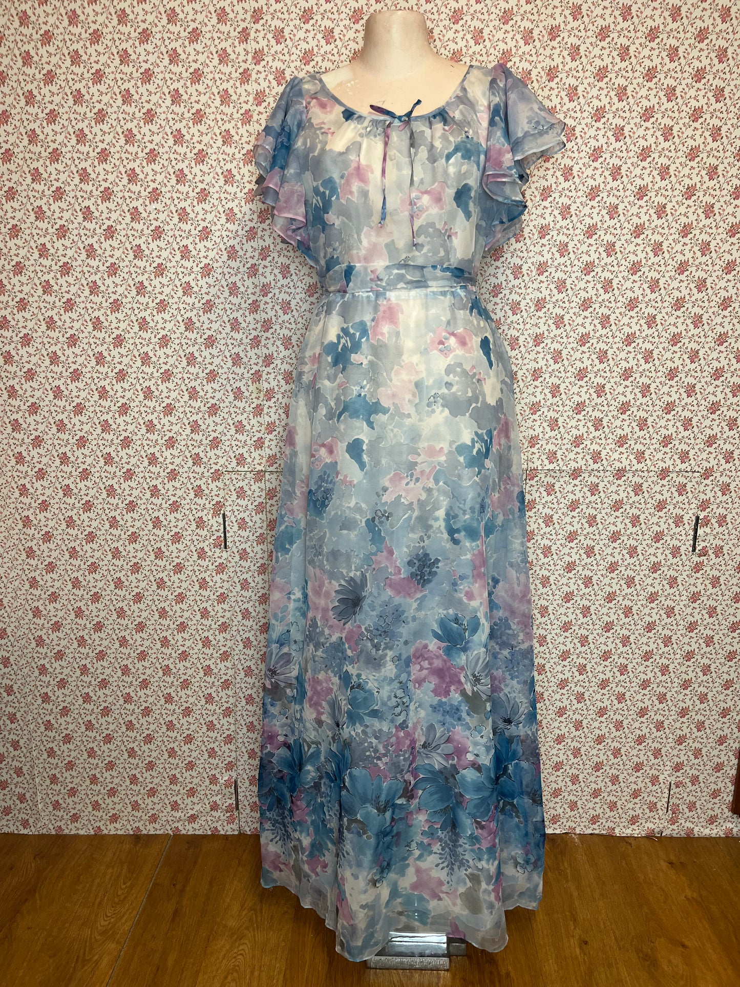 Vintage 1960s Blue & Pink Abstract Maxi Prom Dress