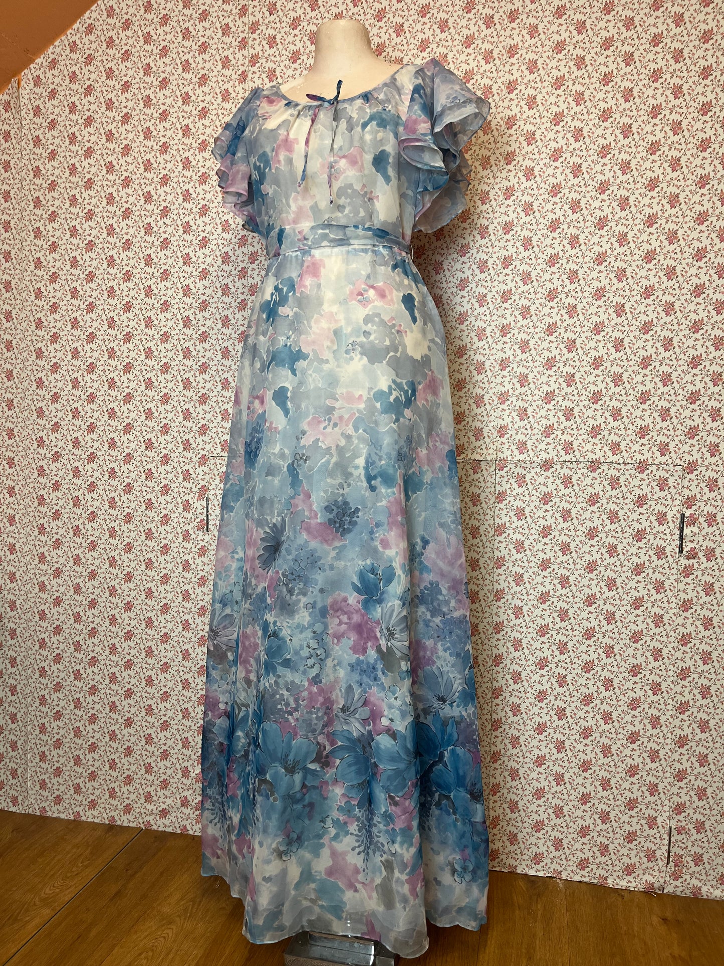 Vintage 1960s Blue & Pink Abstract Maxi Prom Dress