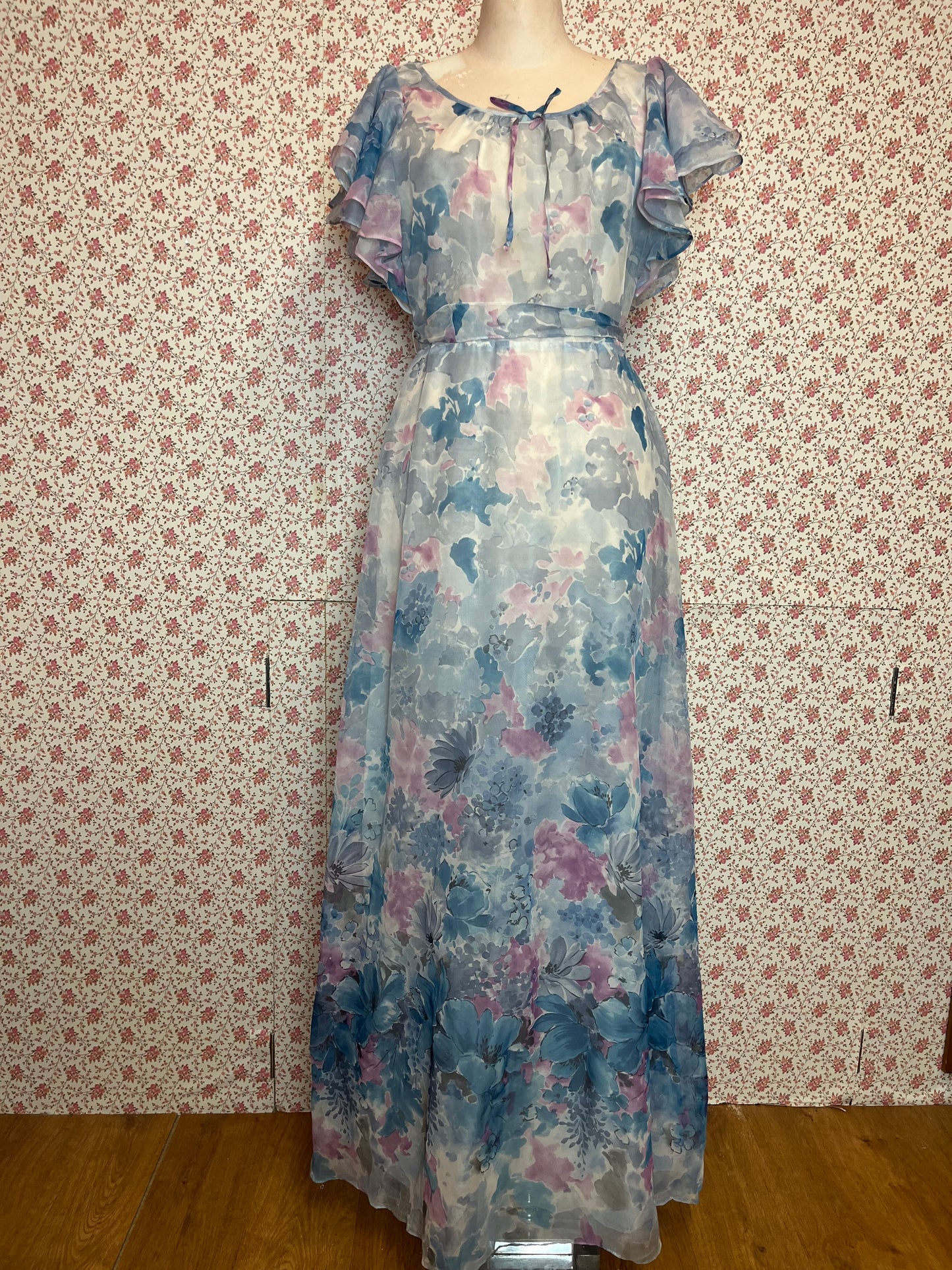 Vintage 1960s Blue & Pink Abstract Maxi Prom Dress