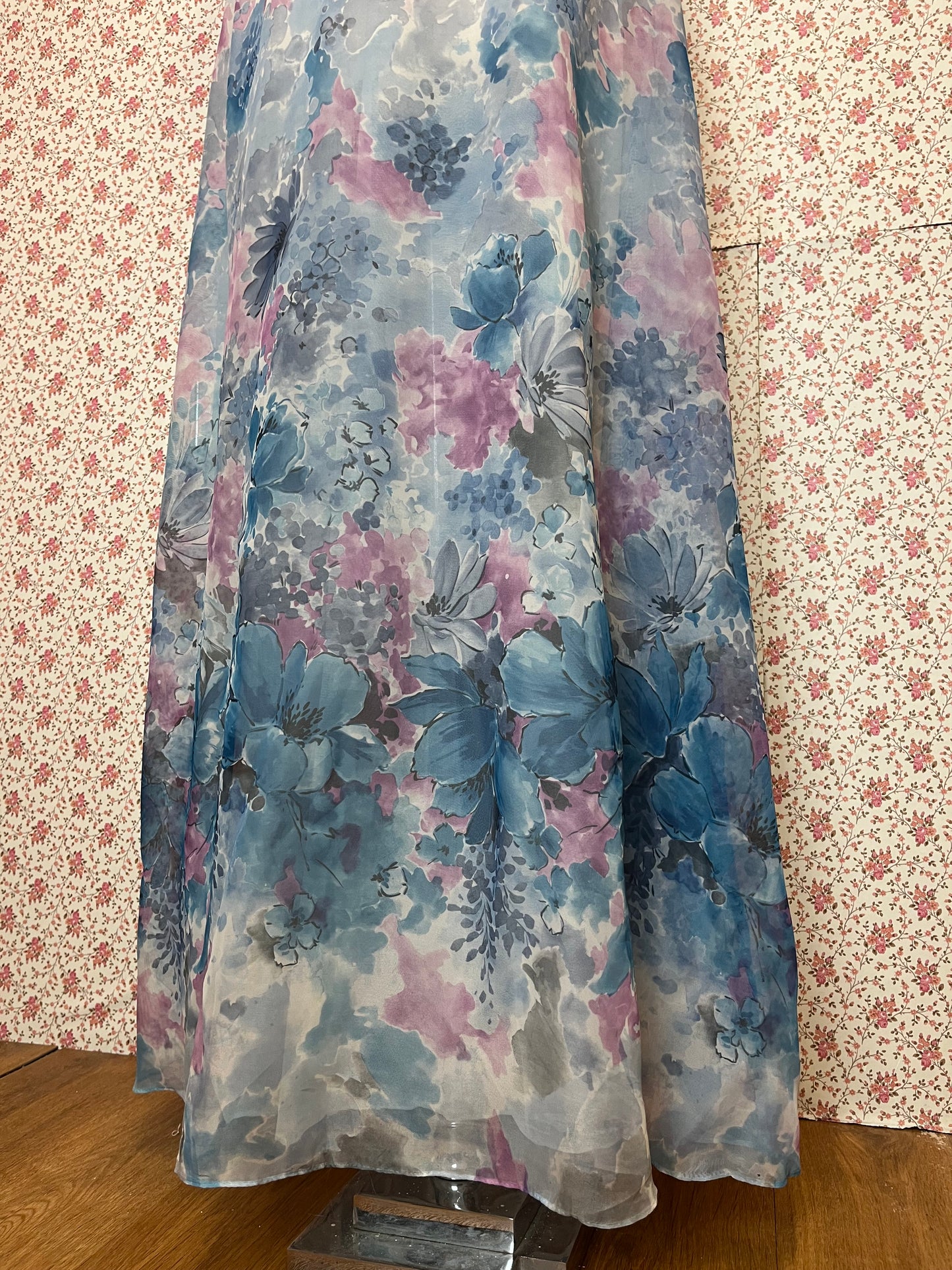 Vintage 1960s Blue & Pink Abstract Maxi Prom Dress