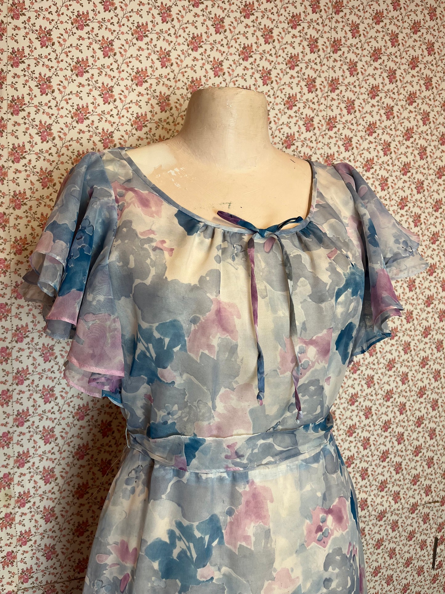 Vintage 1960s Blue & Pink Abstract Maxi Prom Dress
