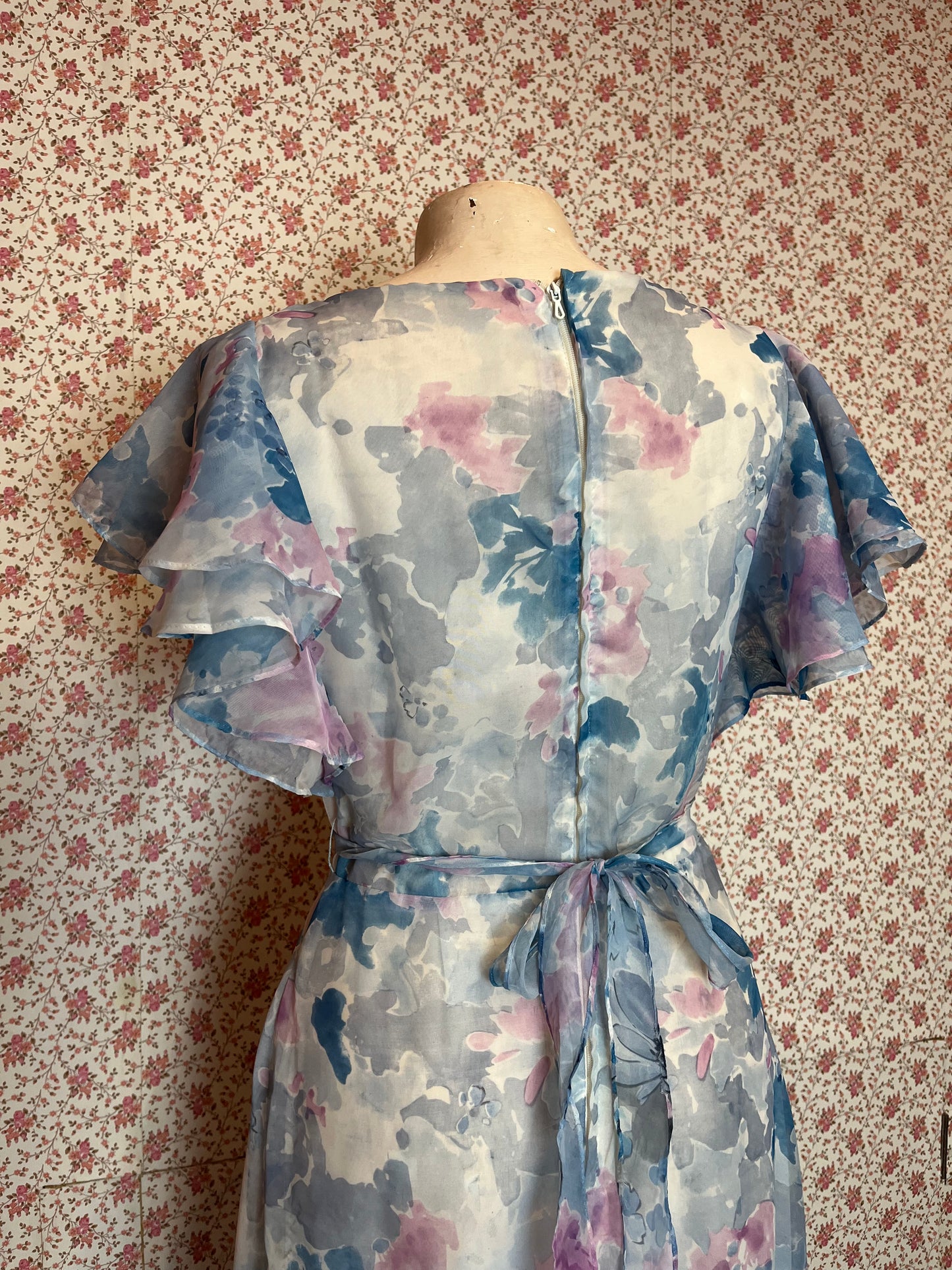 Vintage 1960s Blue & Pink Abstract Maxi Prom Dress
