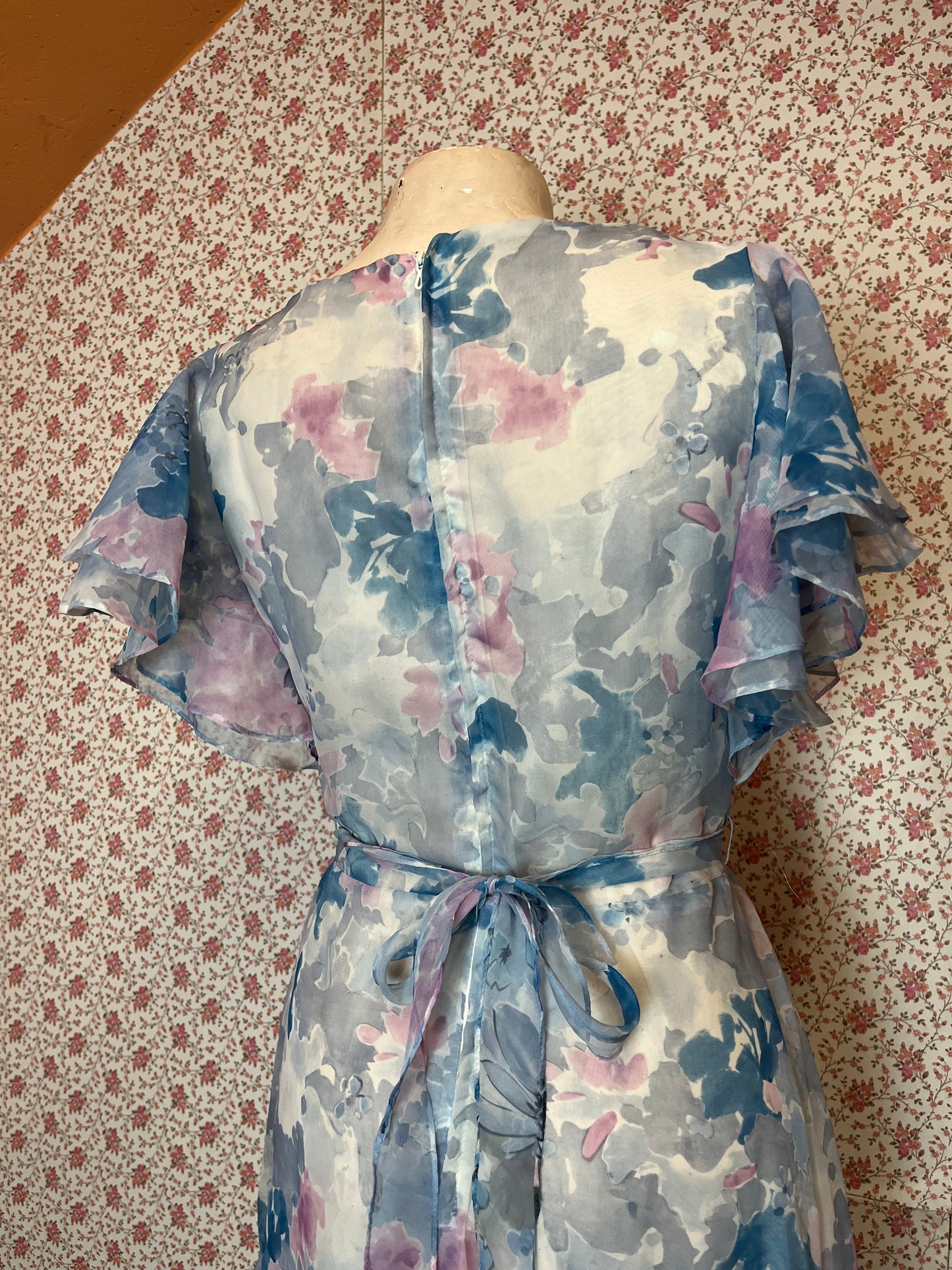 Vintage 1960s Blue & Pink Abstract Maxi Prom Dress