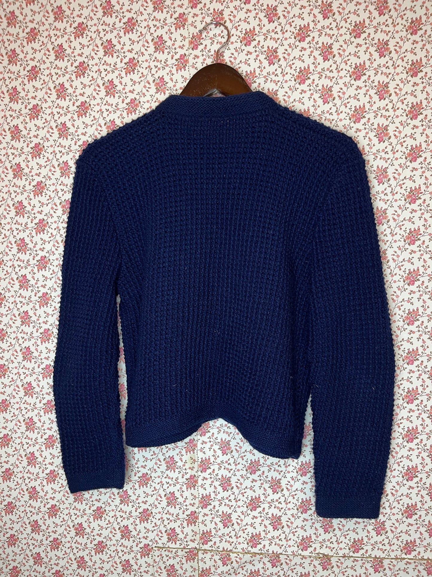 Vintage Hand Knit Single Button Waffle Cardigan in Blue