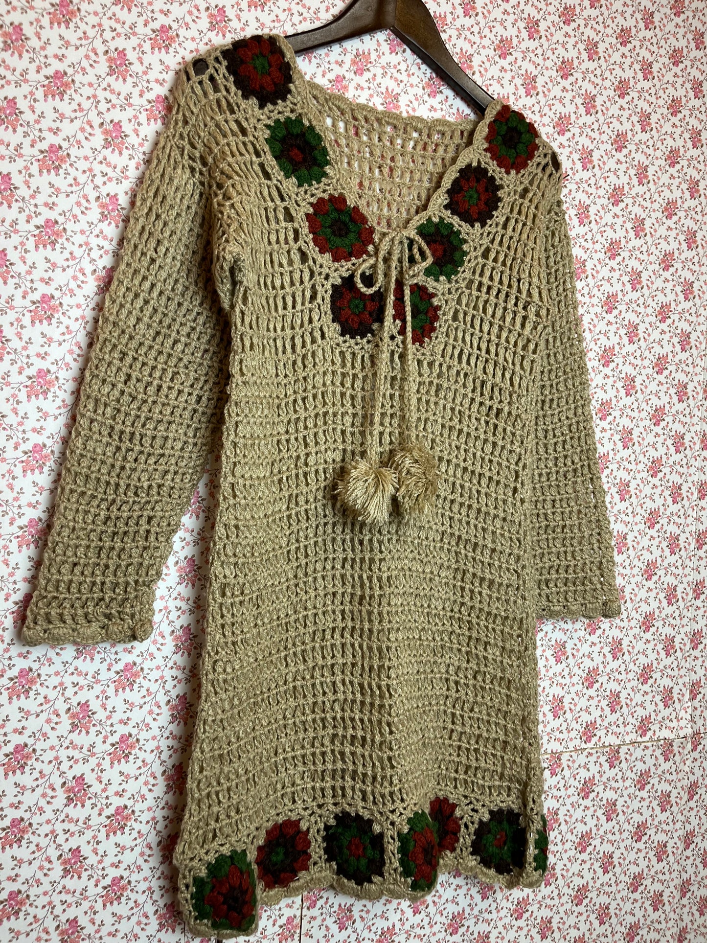 Vintage 1970s Hand Made Crochet Mini Dress