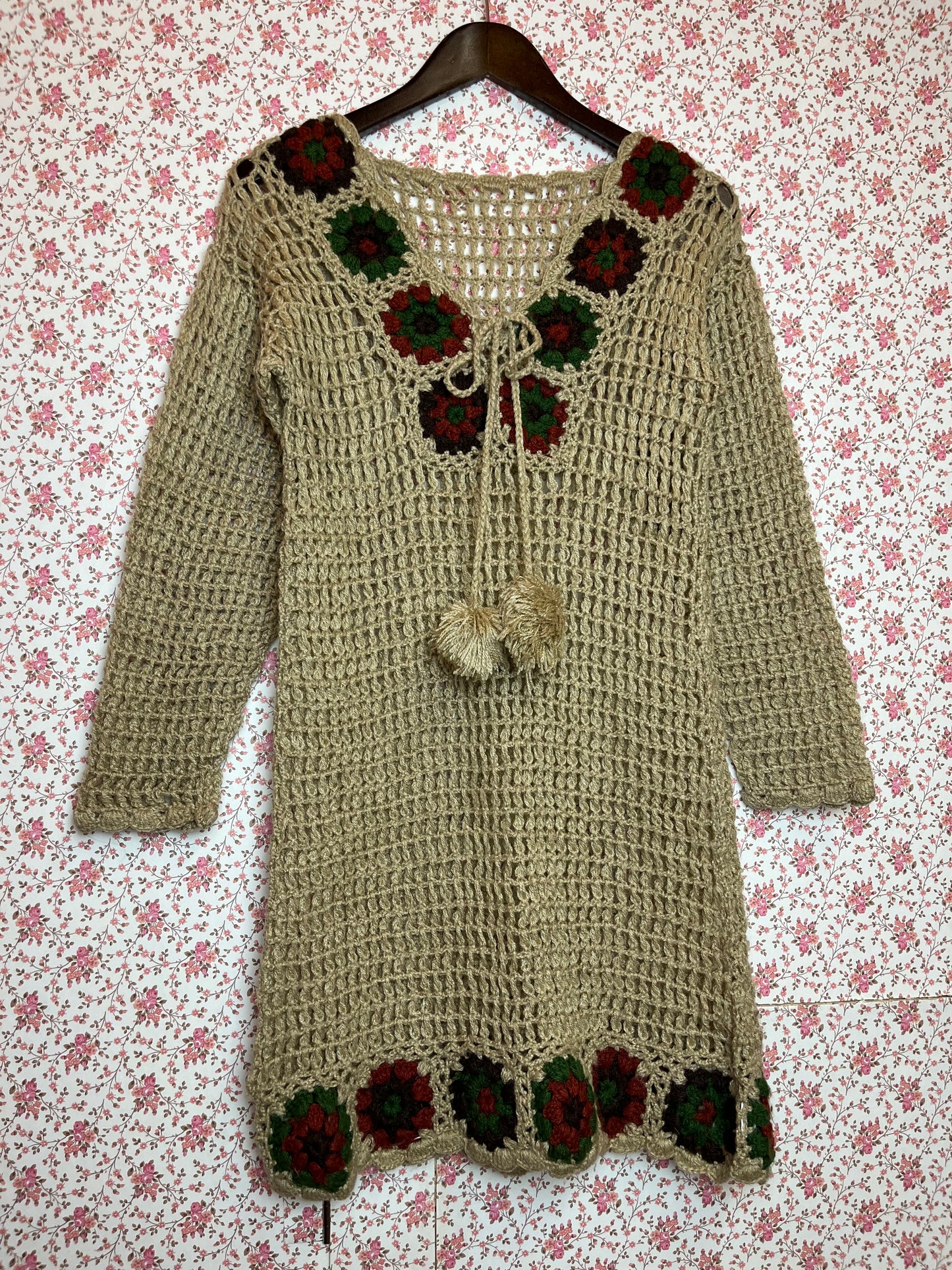 Vintage 1970s Hand Made Crochet Mini Dress