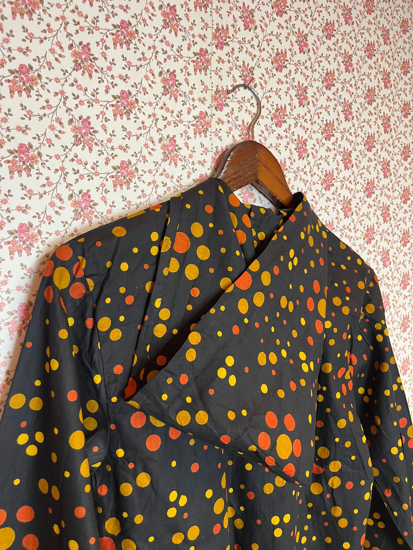 Vintage 1970s Block Print Hooded Maxi Dress