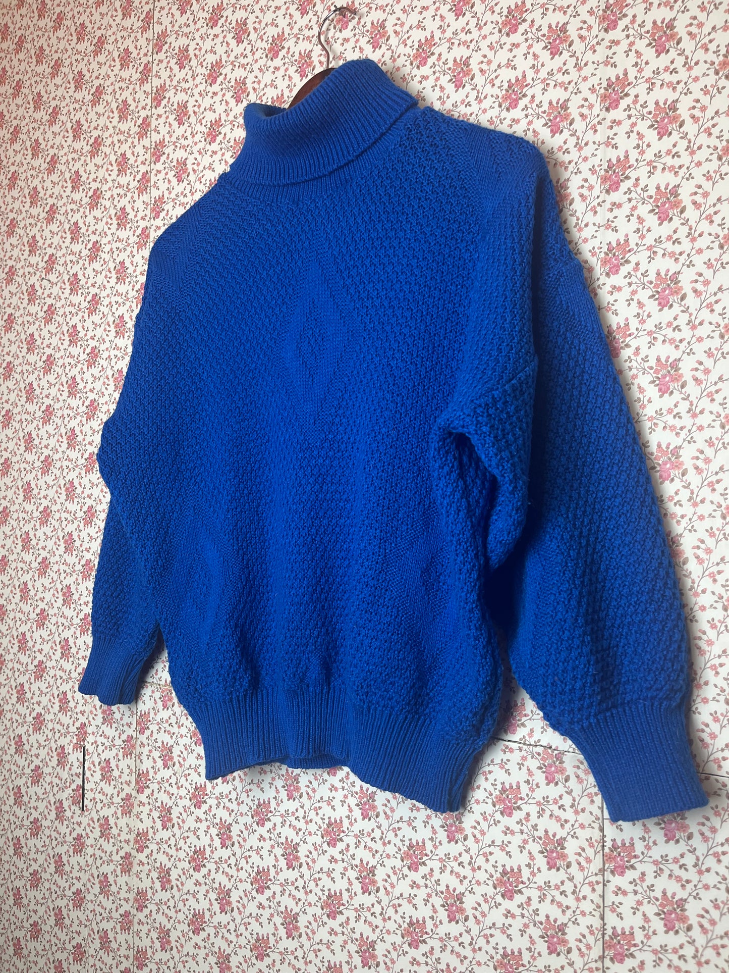 Vintage 1980s Royal Blue Knitted Batwing Roll Neck Jumper