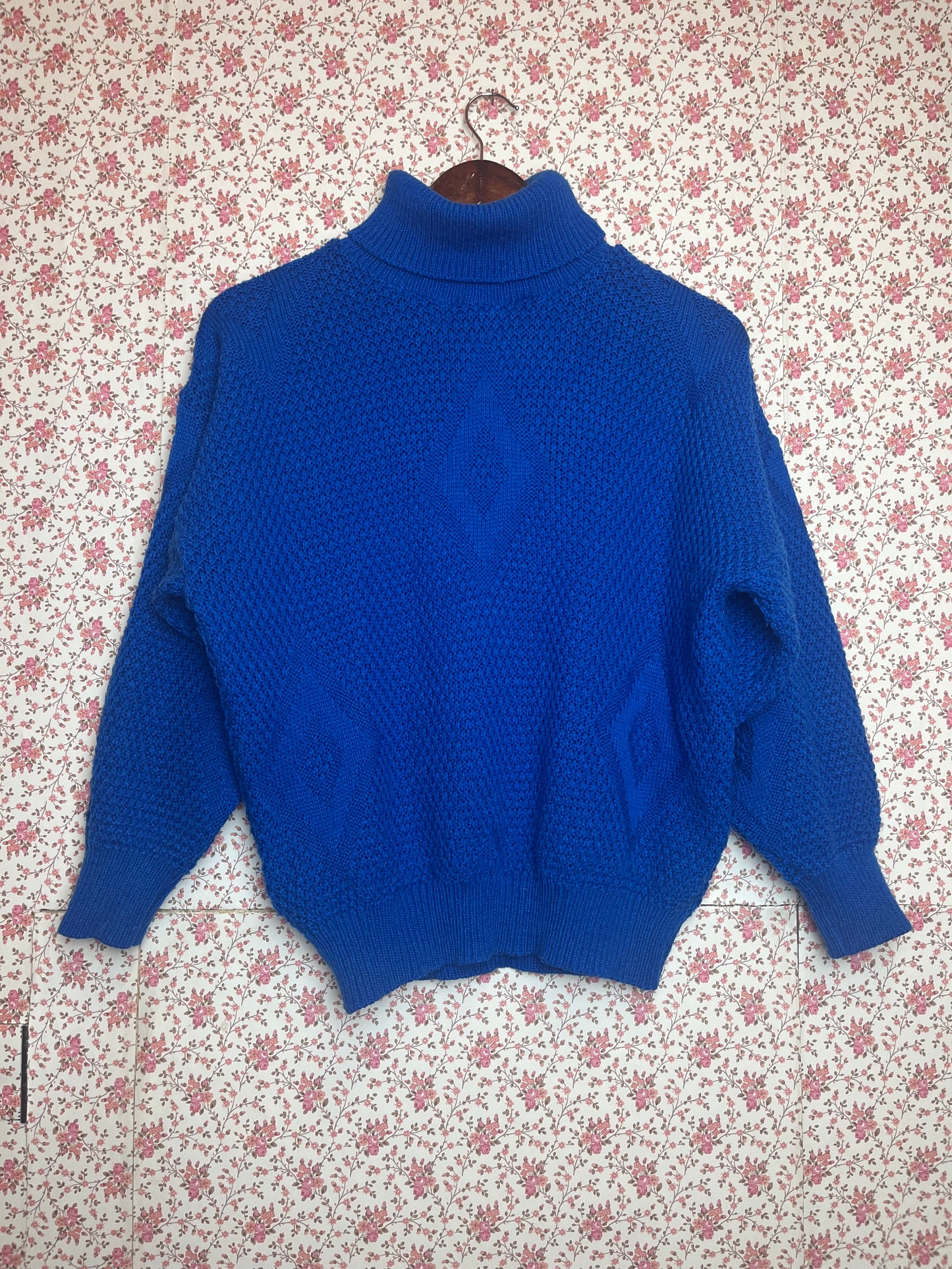 Vintage 1980s Royal Blue Knitted Batwing Roll Neck Jumper