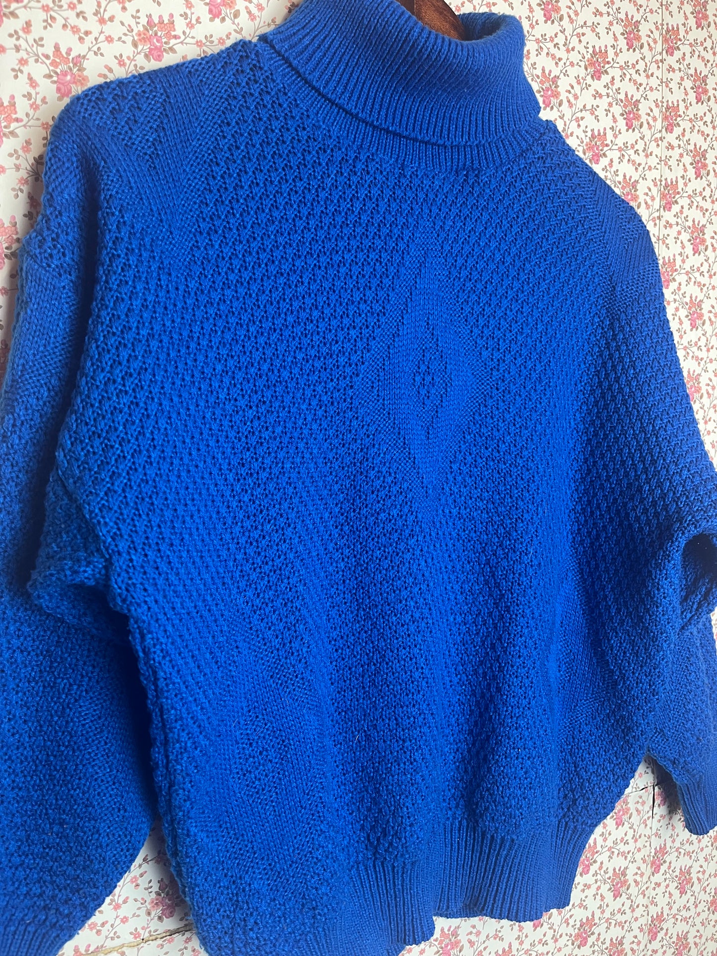 Vintage 1980s Royal Blue Knitted Batwing Roll Neck Jumper